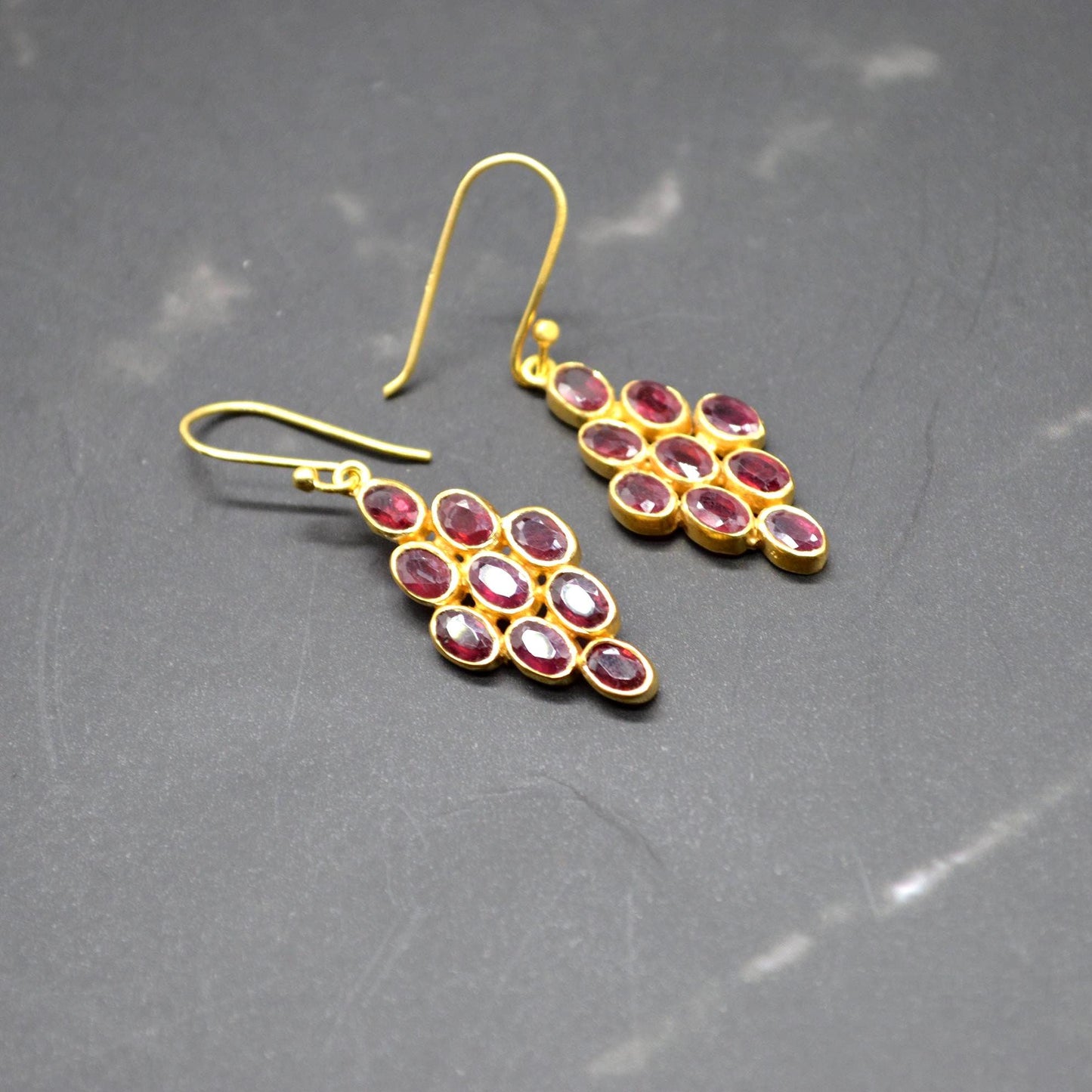 Red Ruby Drop Earrings: Gold Plated Sterling Silver, July Birthstone