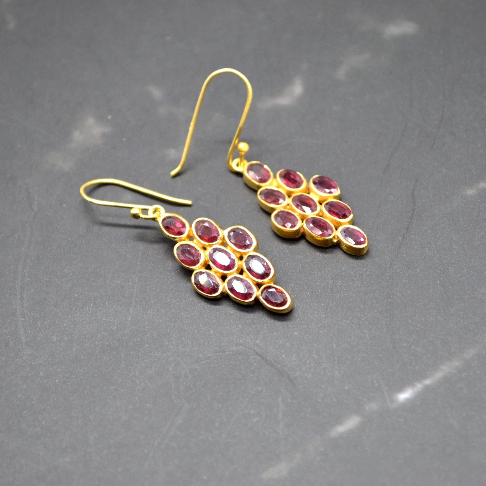 Red Ruby Drop Earrings: Gold Plated Sterling Silver, July Birthstone
