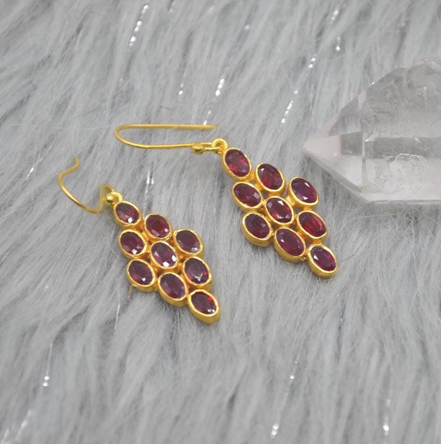 Red Ruby Drop Earrings: Gold Plated Sterling Silver, July Birthstone