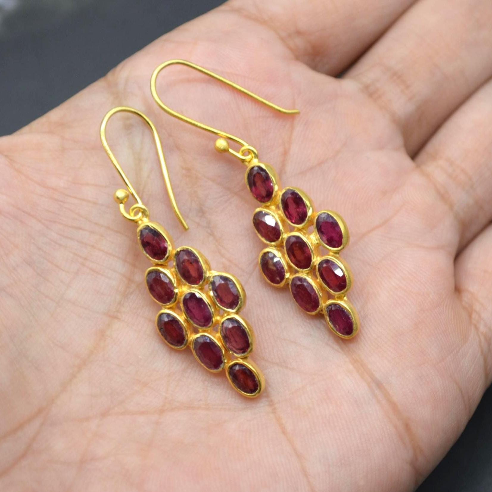 Red Ruby Drop Earrings: Gold Plated Sterling Silver, July Birthstone