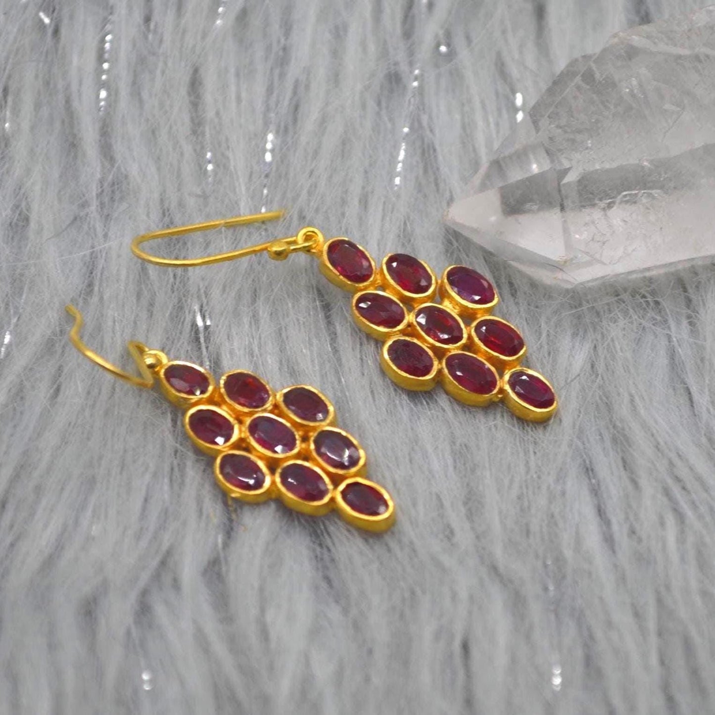 Red Ruby Drop Earrings: Gold Plated Sterling Silver, July Birthstone