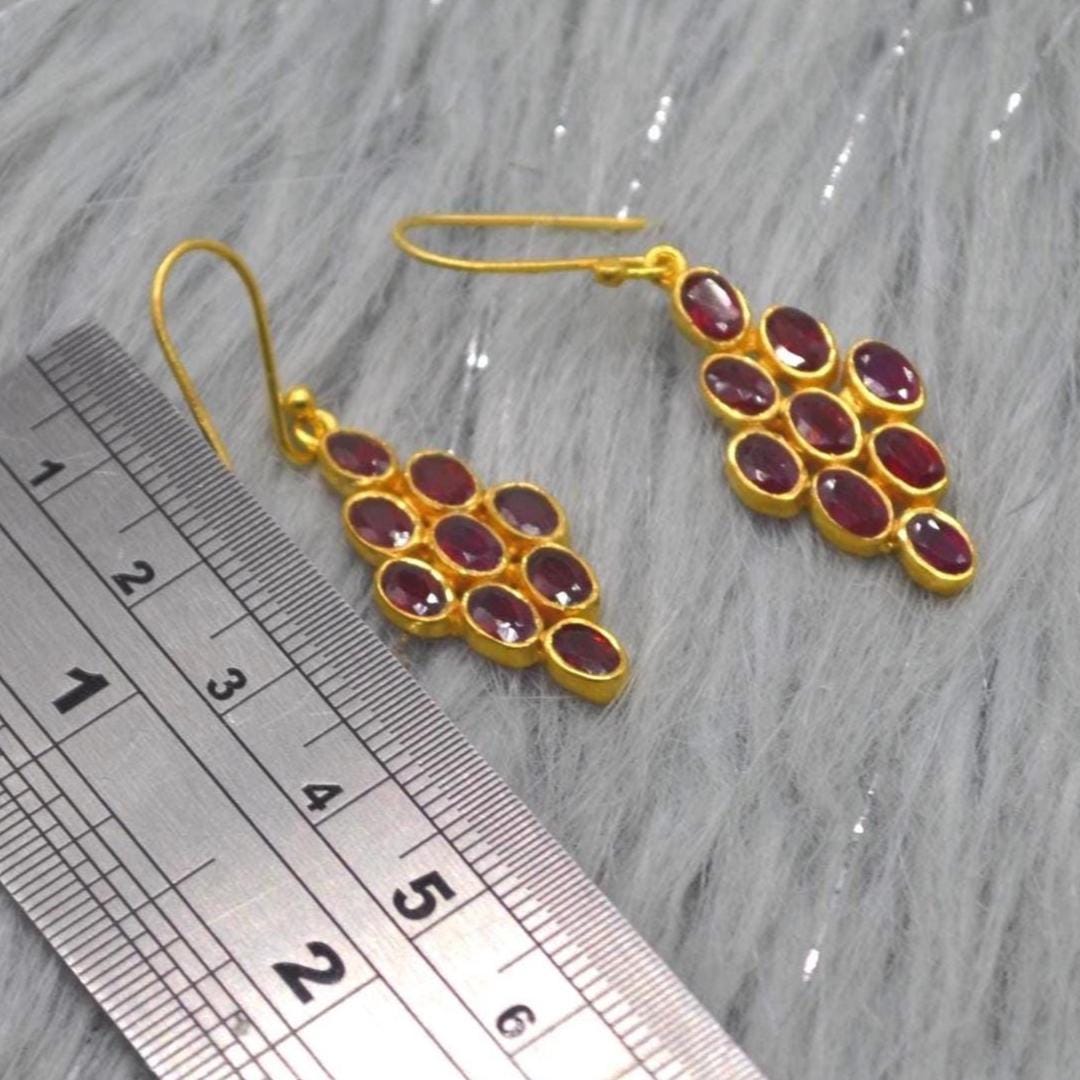 Red Ruby Drop Earrings: Gold Plated Sterling Silver, July Birthstone