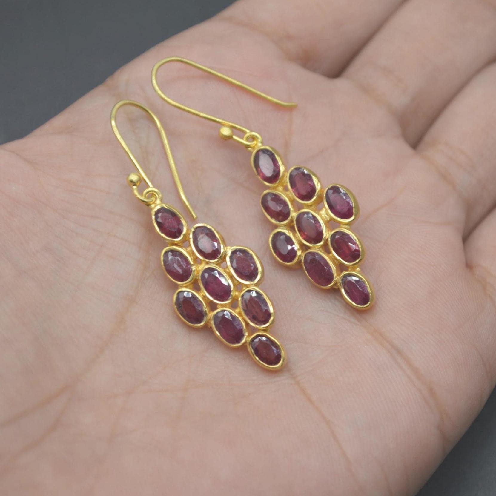 Red Ruby Drop Earrings: Gold Plated Sterling Silver, July Birthstone