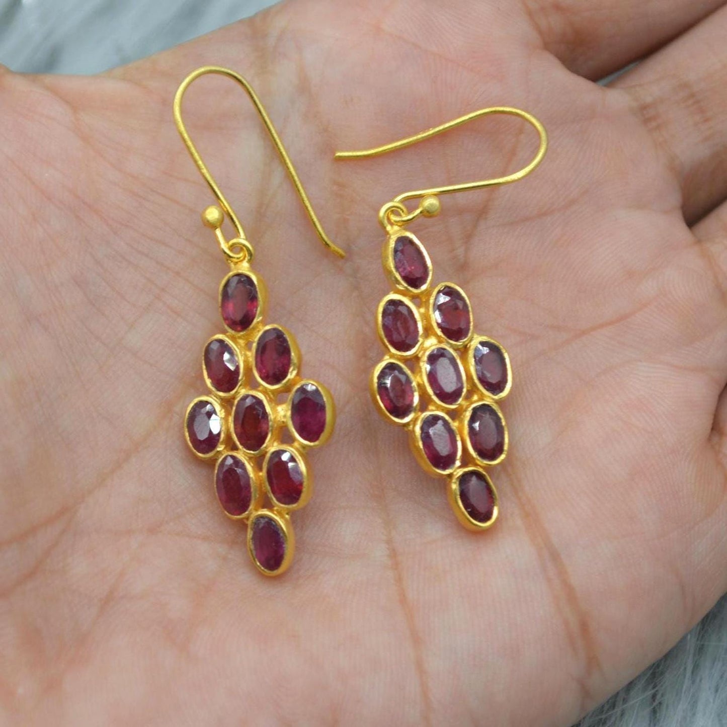Red Ruby Drop Earrings: Gold Plated Sterling Silver, July Birthstone