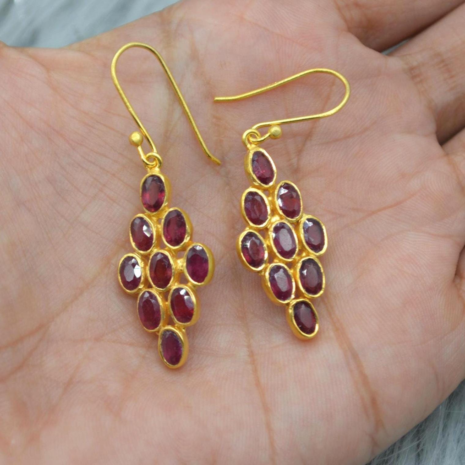 Red Ruby Drop Earrings: Gold Plated Sterling Silver, July Birthstone