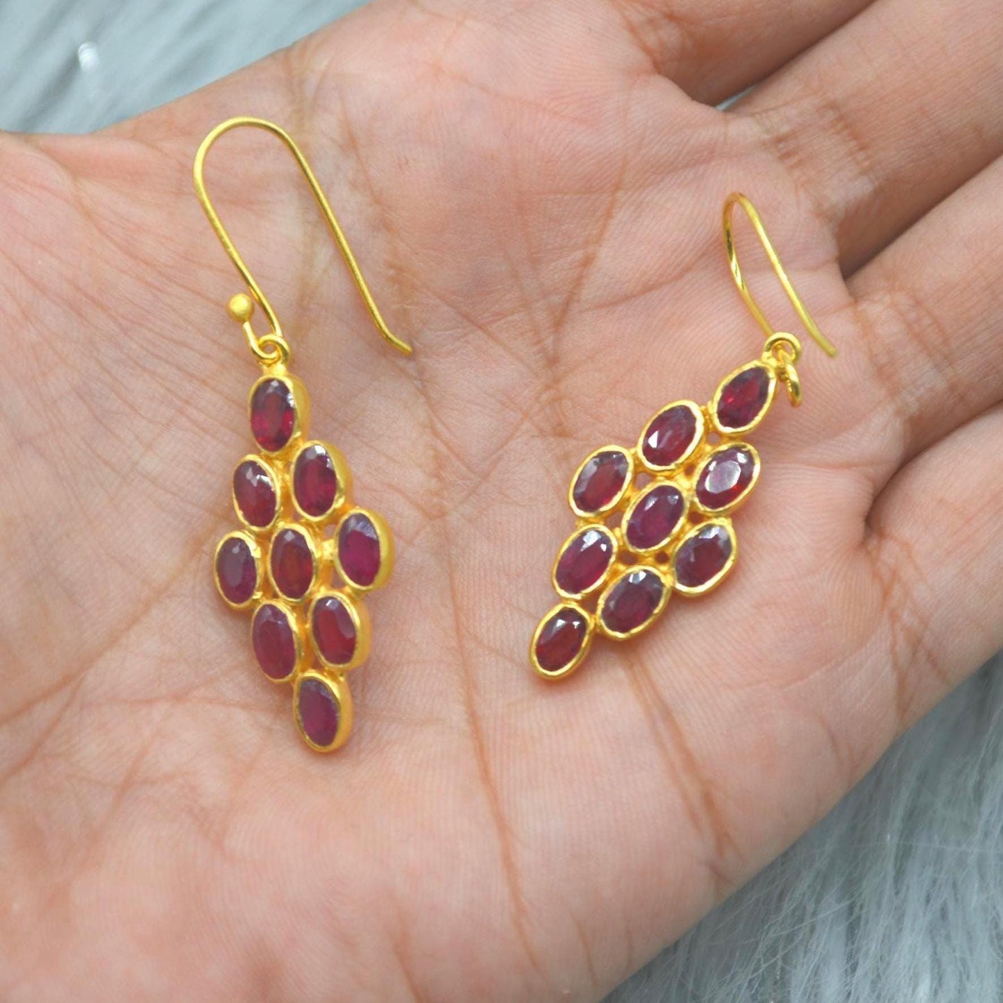 Red Ruby Drop Earrings: Gold Plated Sterling Silver, July Birthstone