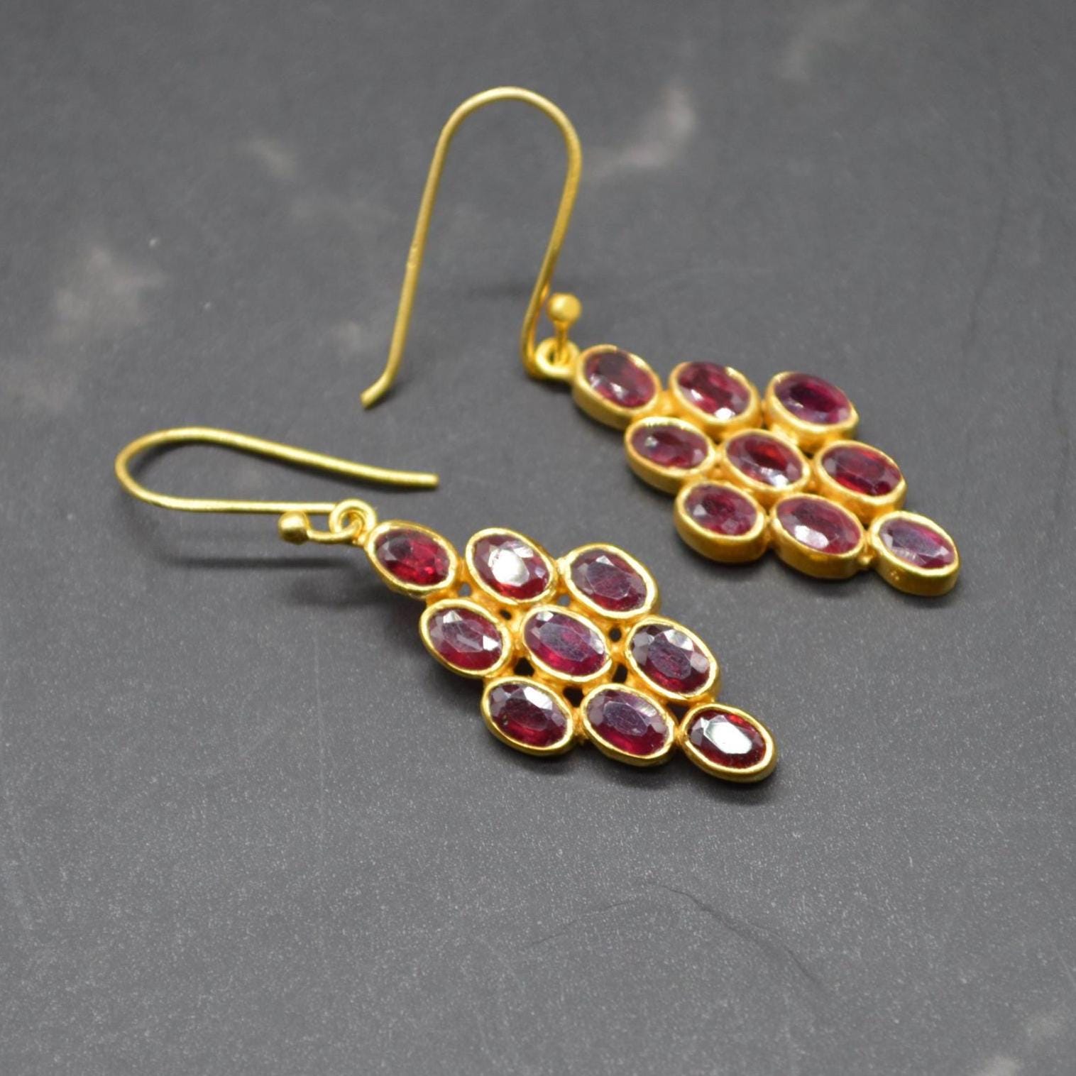 Red Ruby Drop Earrings: Gold Plated Sterling Silver, July Birthstone