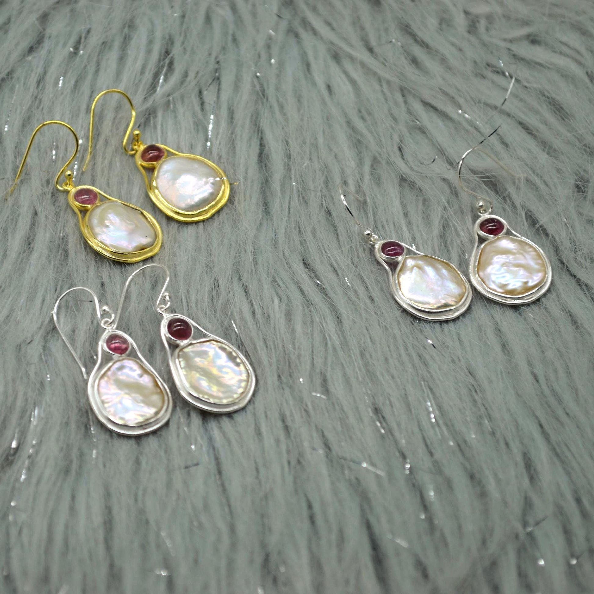 Mother of Pearl Pink Tourmaline Earrings: Sterling Silver Dangle Drop, June October Birthstone