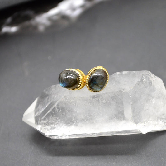 Labradorite Sterling Silver Stud Earrings: Dainty Gemstone Gold Jewelry