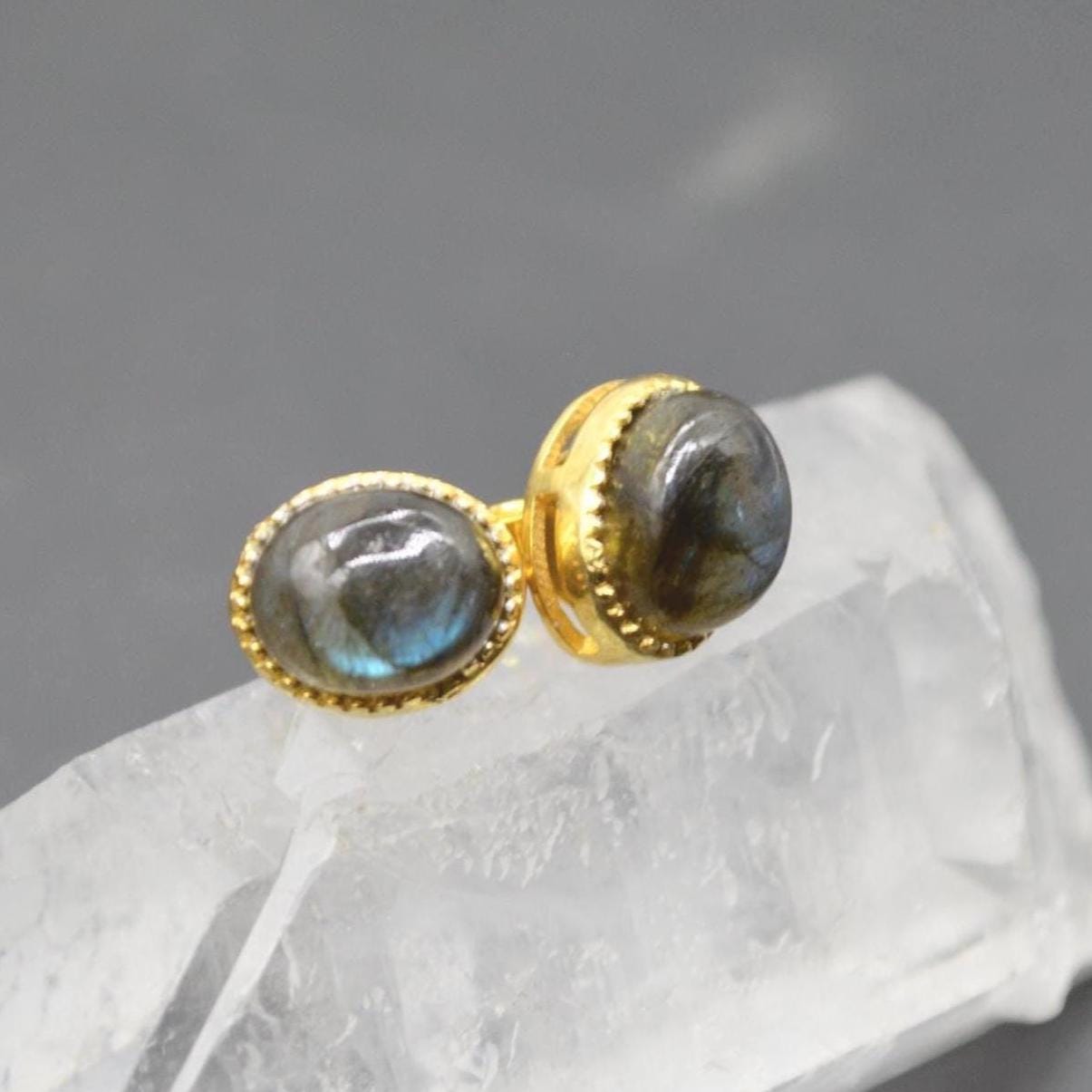 Labradorite Sterling Silver Stud Earrings: Dainty Gemstone Gold Jewelry