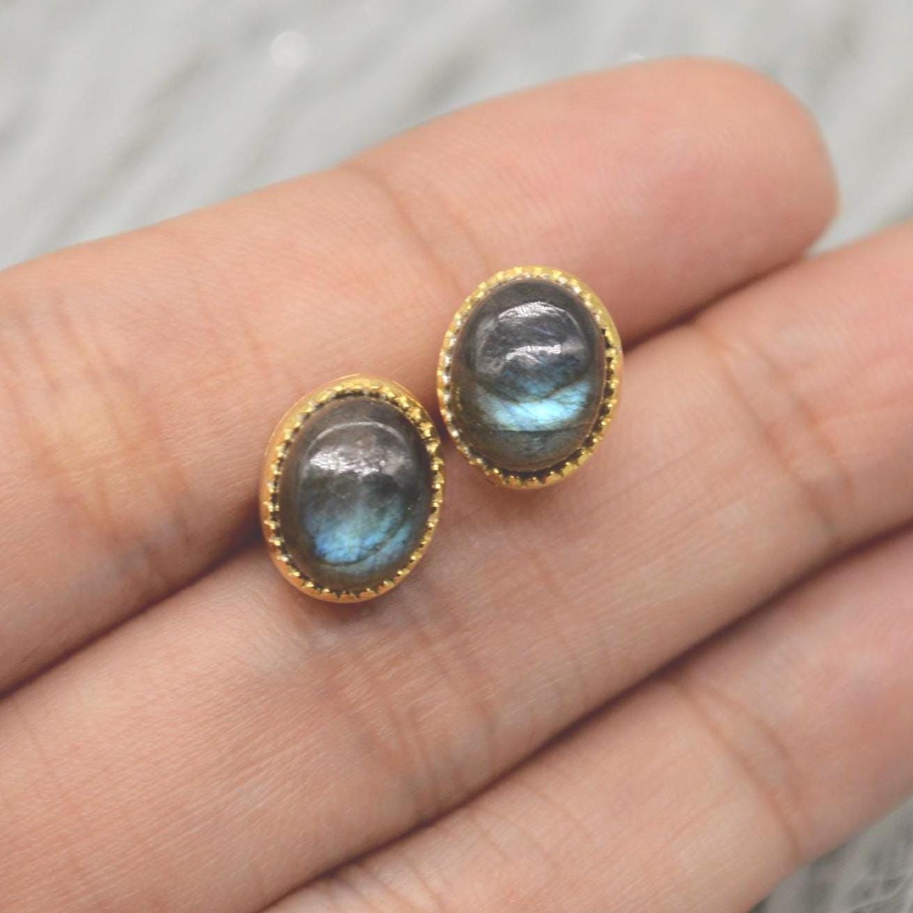 Labradorite Sterling Silver Stud Earrings: Dainty Gemstone Gold Jewelry