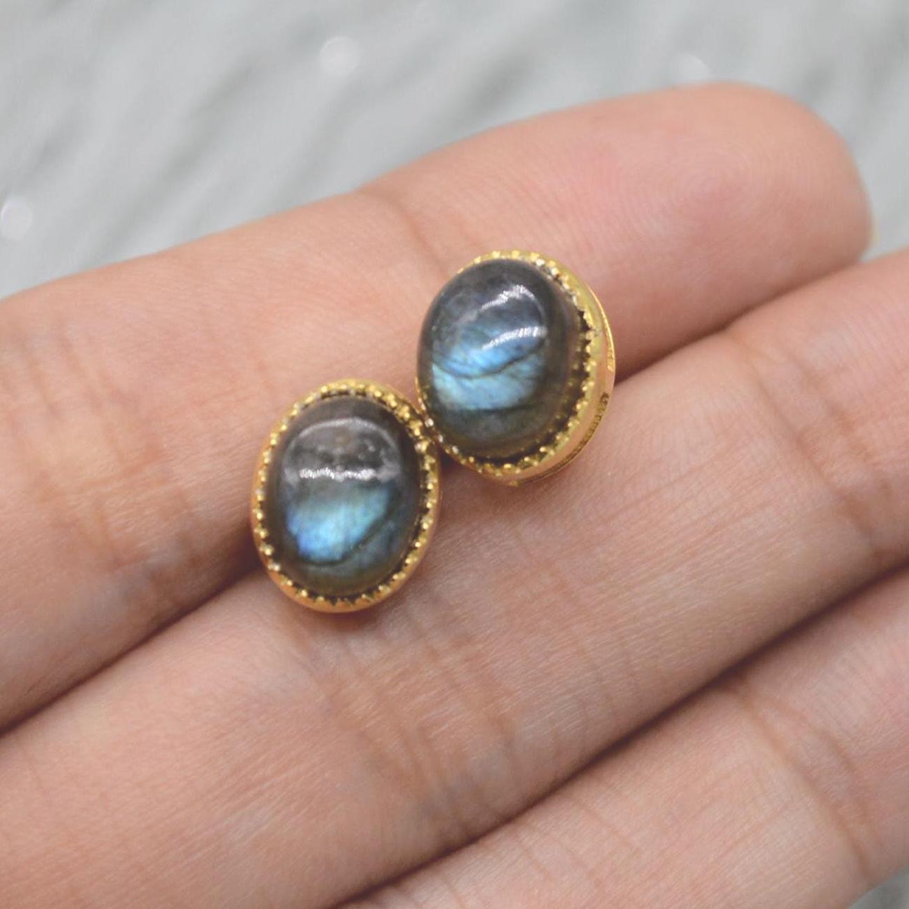 Labradorite Sterling Silver Stud Earrings: Dainty Gemstone Gold Jewelry