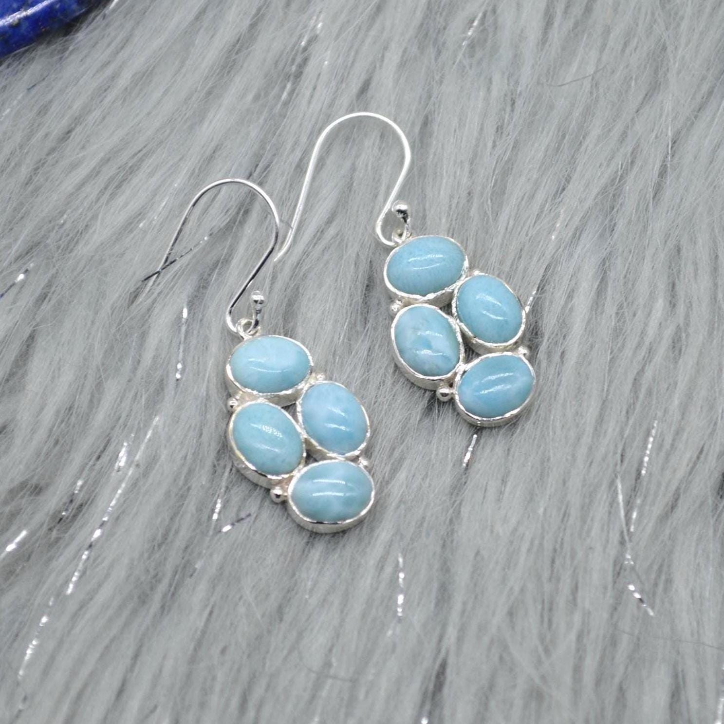 Larimar Dangle Drop Earrings: Sterling Silver Blue Gemstone