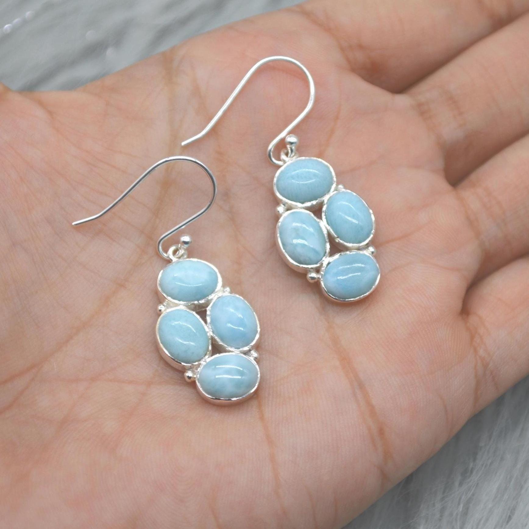 Larimar Dangle Drop Earrings: Sterling Silver Blue Gemstone