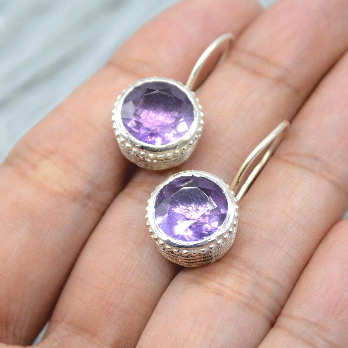 Round Amethyst Sterling Silver Earrings: February Birthstone Jewelry