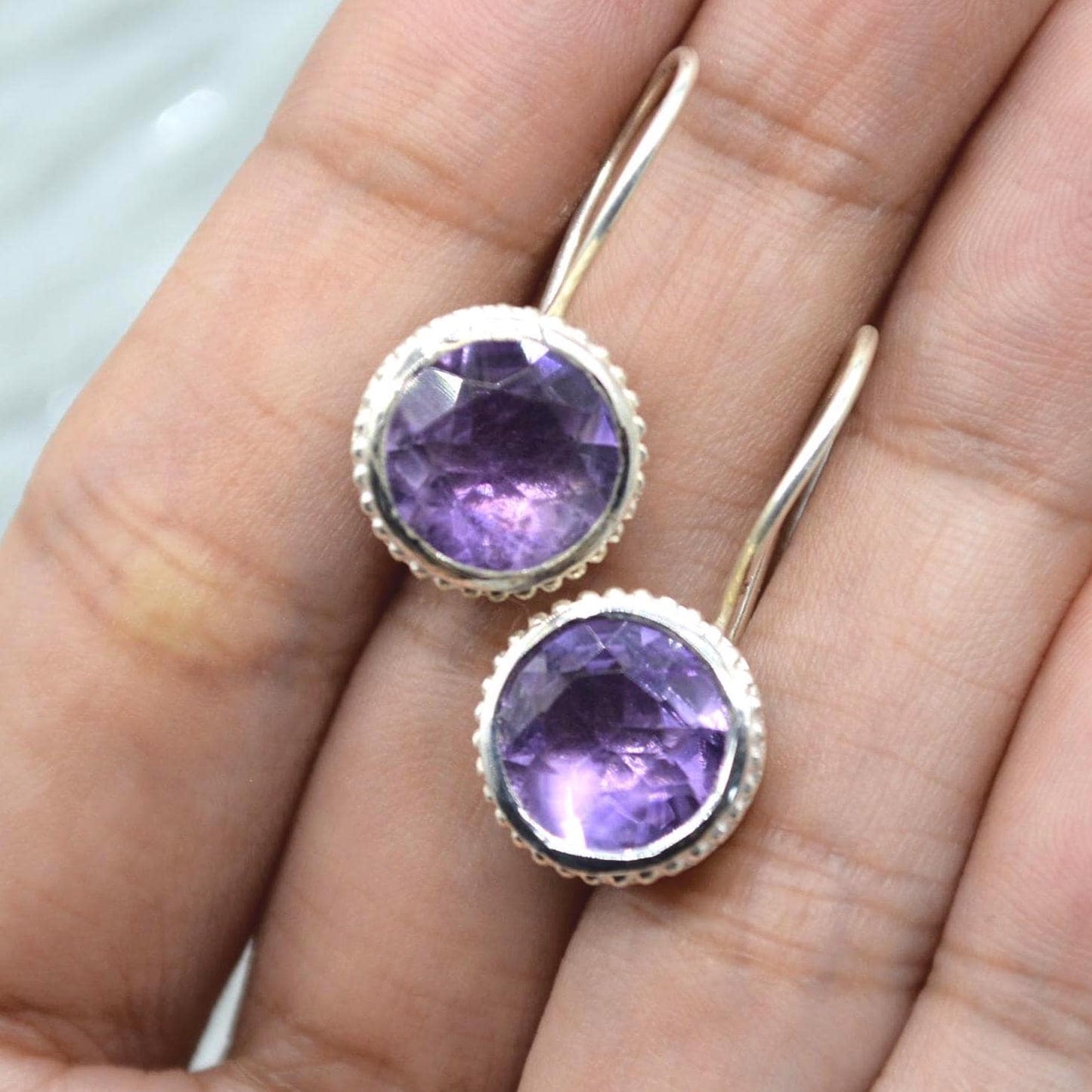 Round Amethyst Sterling Silver Earrings: February Birthstone Jewelry