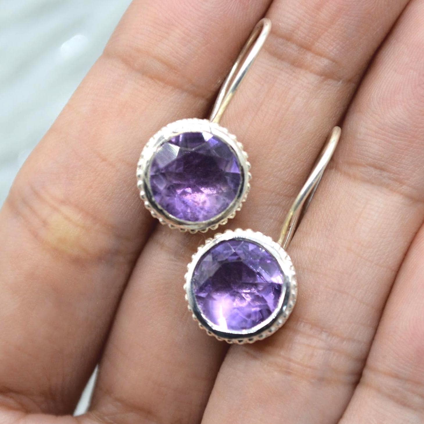 Round Amethyst Sterling Silver Earrings: February Birthstone Jewelry