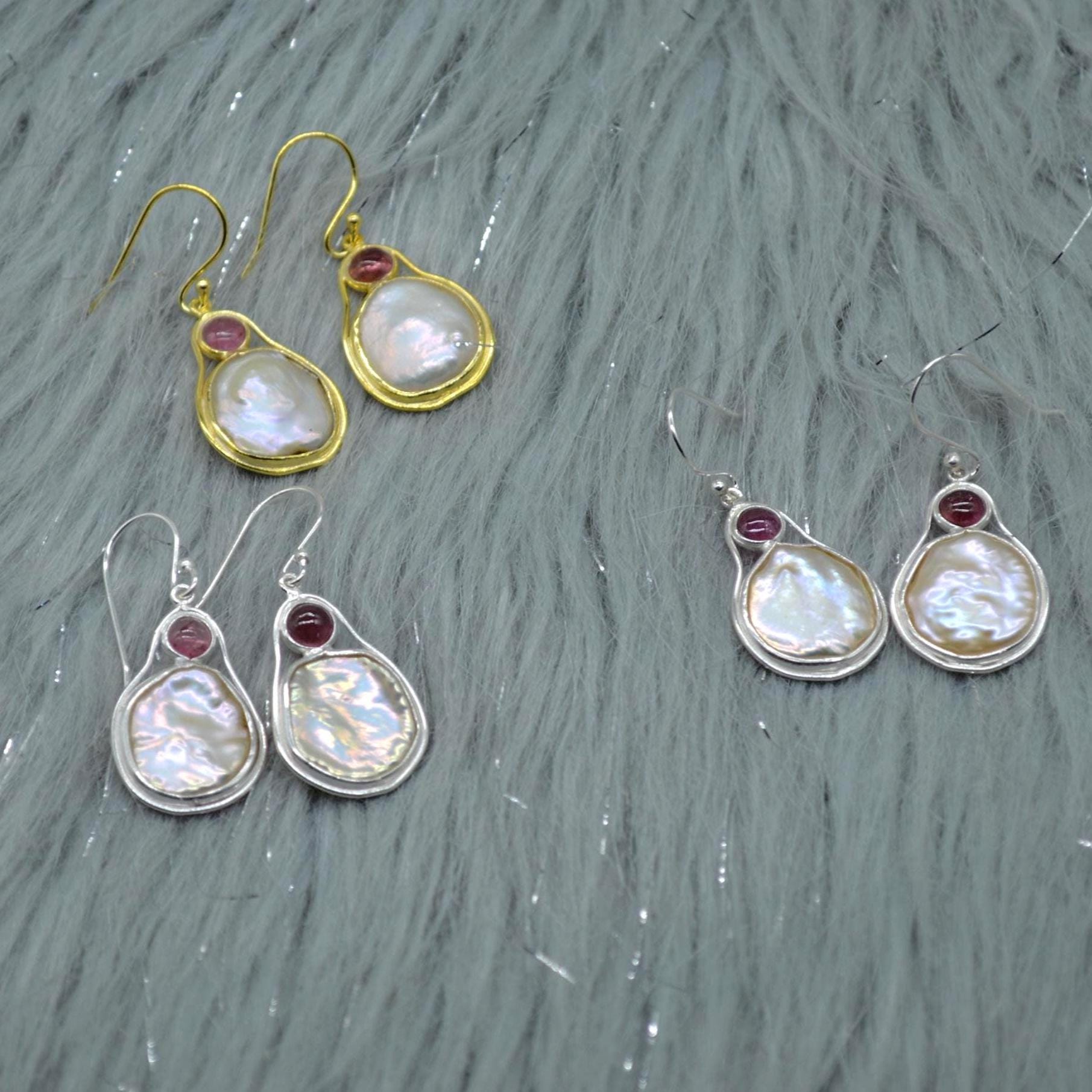 Mother of Pearl Pink Tourmaline Earrings: Sterling Silver Dangle Drop, June October Birthstone