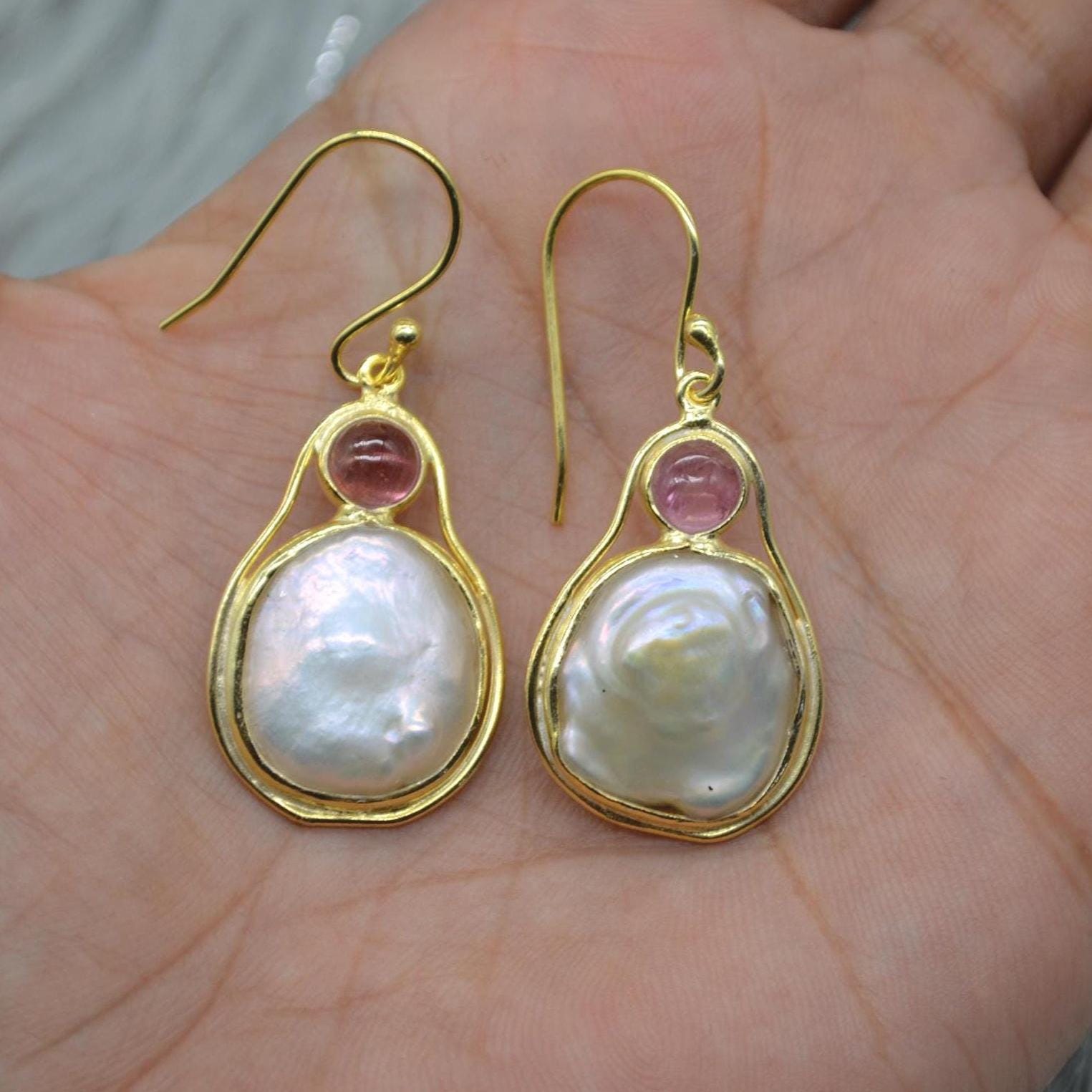 Mother of Pearl Pink Tourmaline Earrings: Sterling Silver Dangle Drop, June October Birthstone