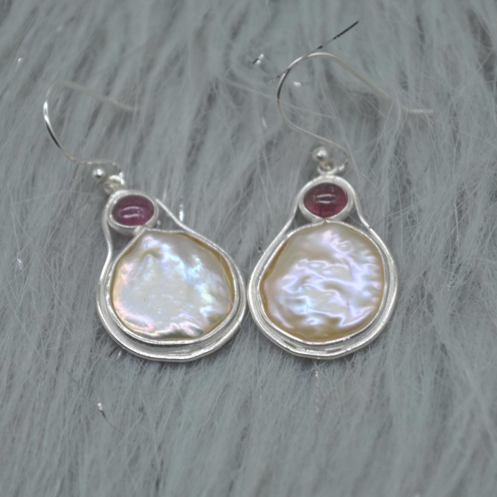 Mother of Pearl Pink Tourmaline Earrings: Sterling Silver Dangle Drop, June October Birthstone