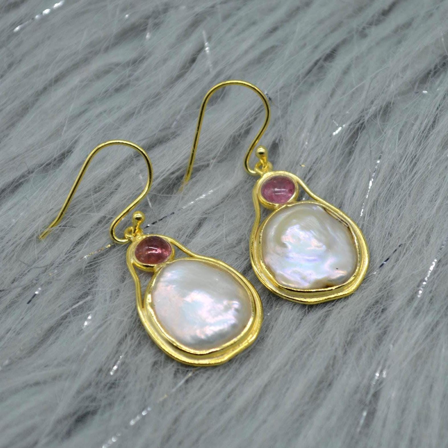 Mother of Pearl Pink Tourmaline Earrings: Sterling Silver Dangle Drop, June October Birthstone