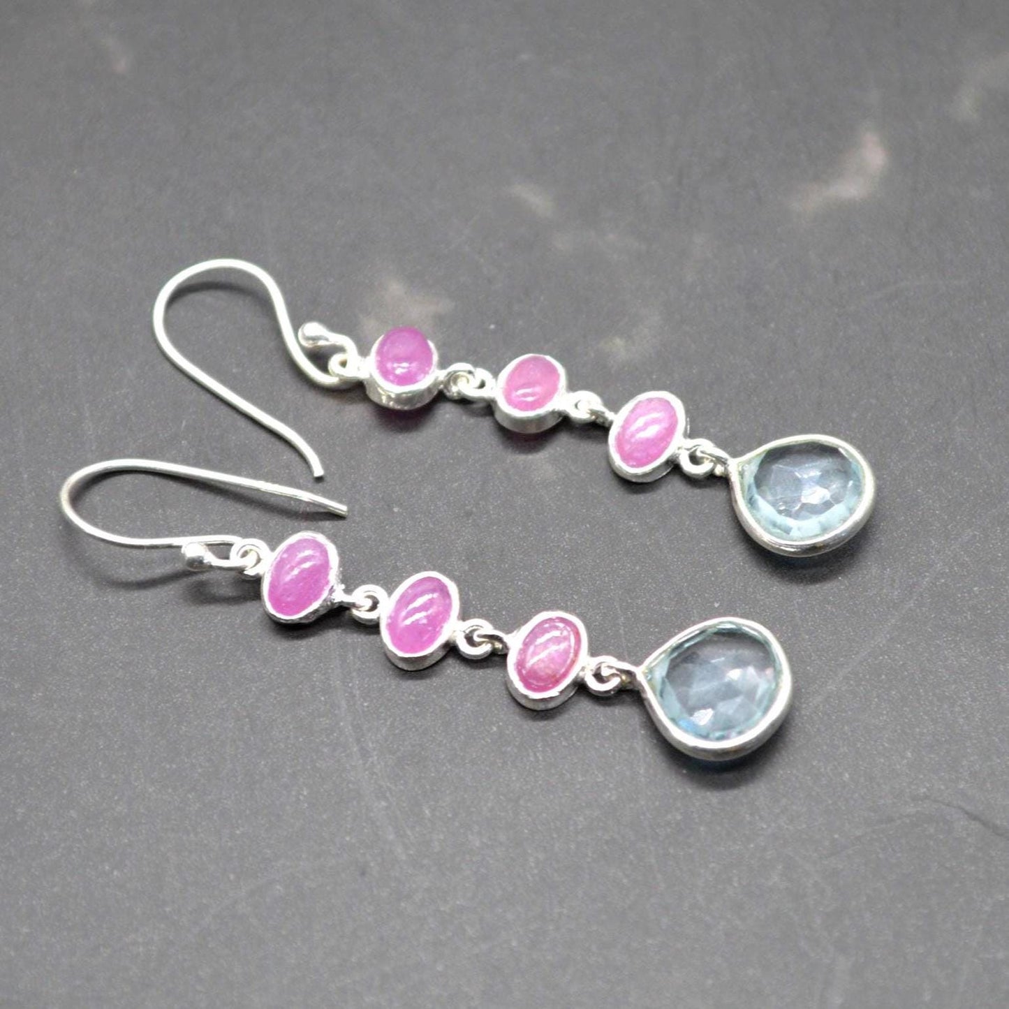 Ruby and Blue Topaz Dangle Earrings: Sterling Silver July, December Birthstone Jewelry