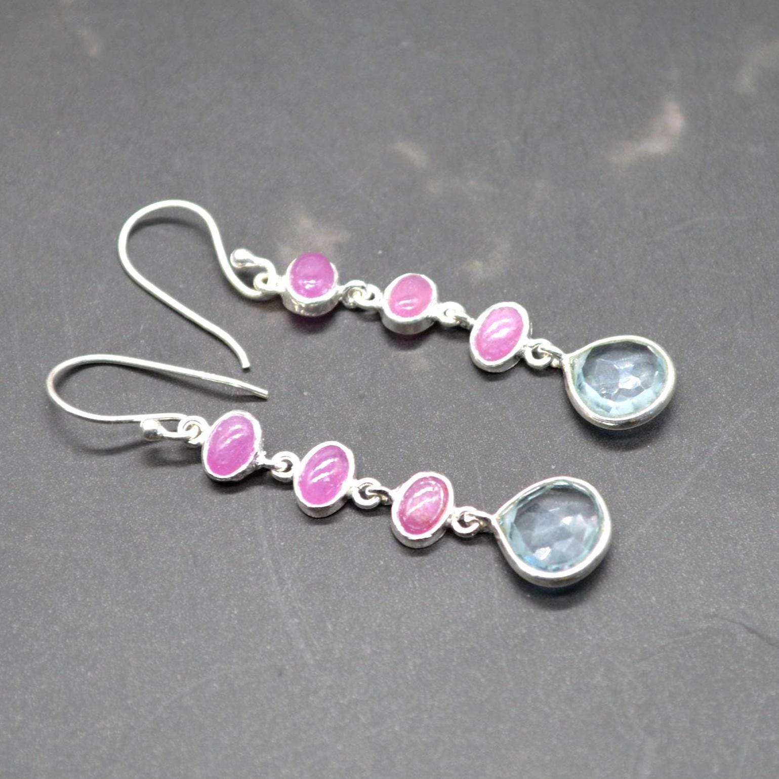 Ruby and Blue Topaz Dangle Earrings: Sterling Silver July, December Birthstone Jewelry