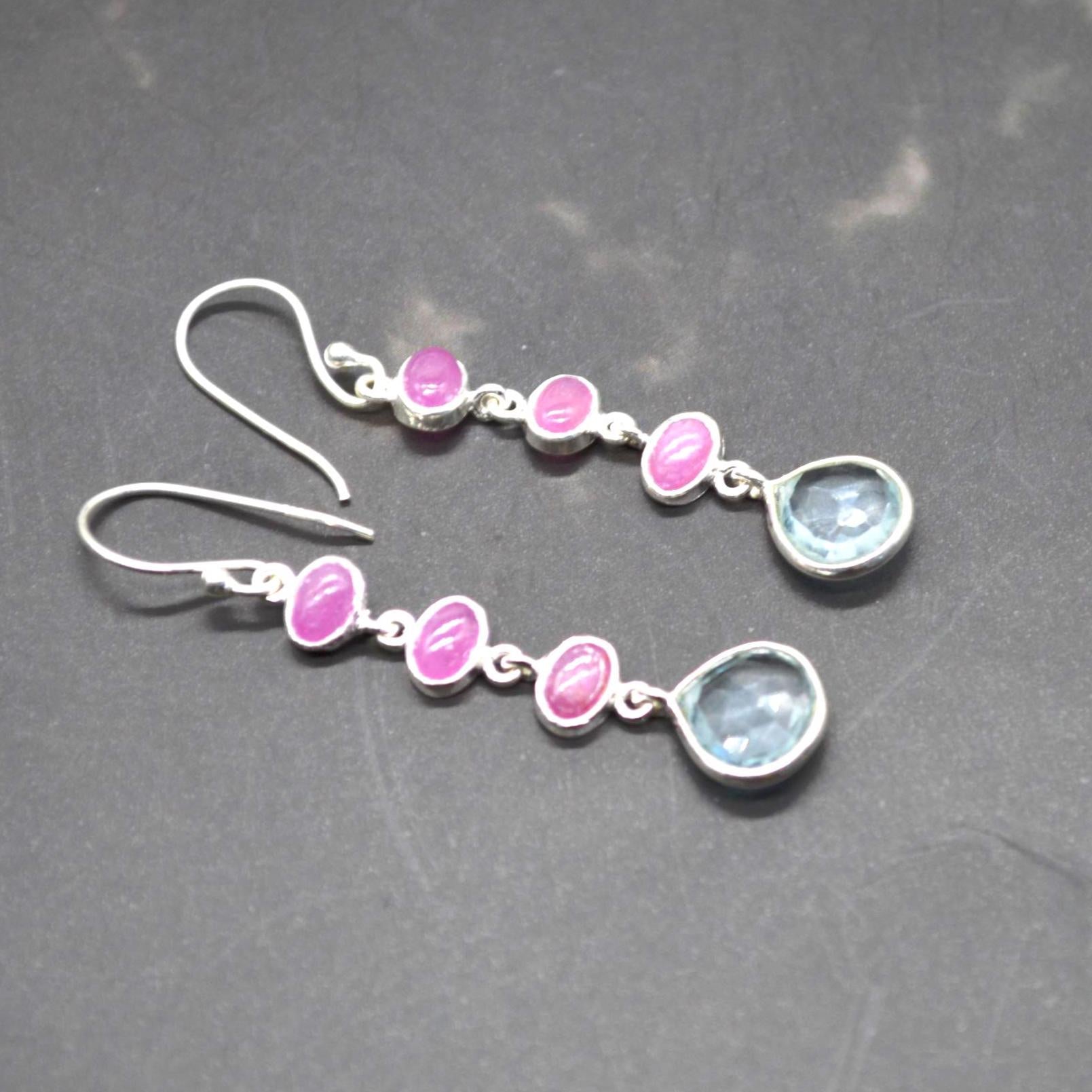 Ruby and Blue Topaz Dangle Earrings: Sterling Silver July, December Birthstone Jewelry