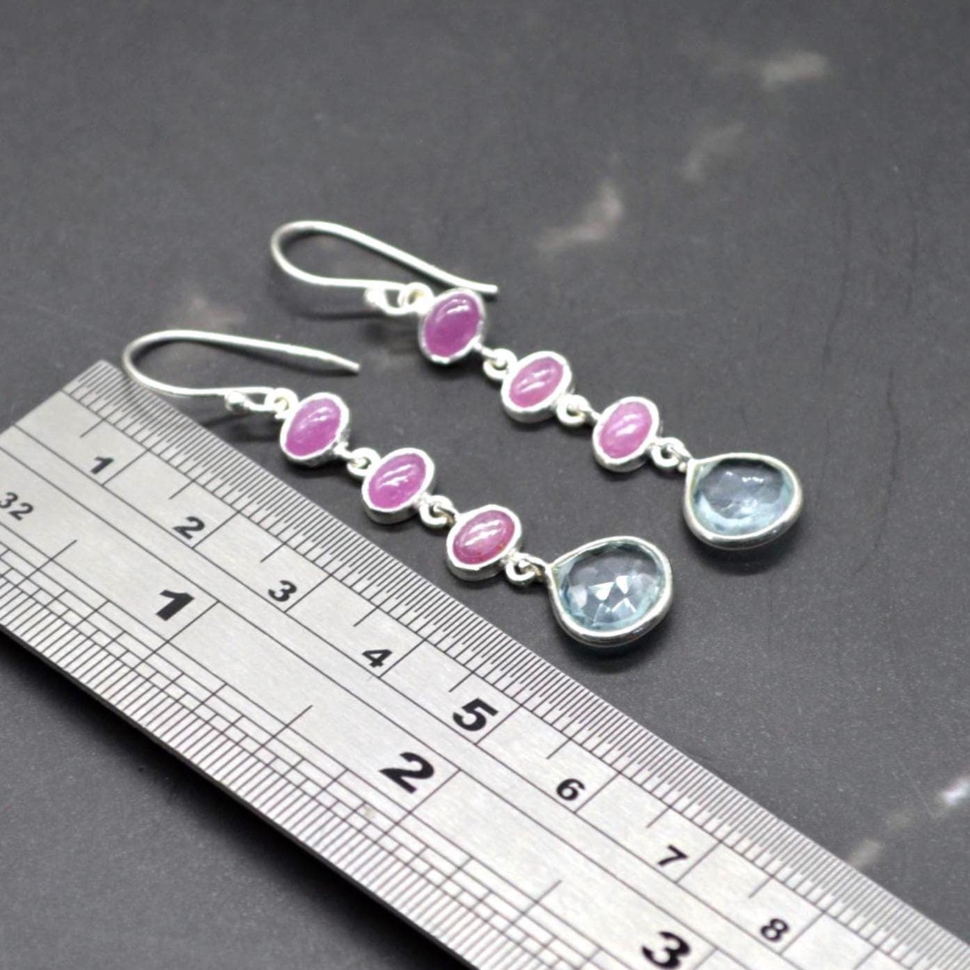 Ruby and Blue Topaz Dangle Earrings: Sterling Silver July, December Birthstone Jewelry