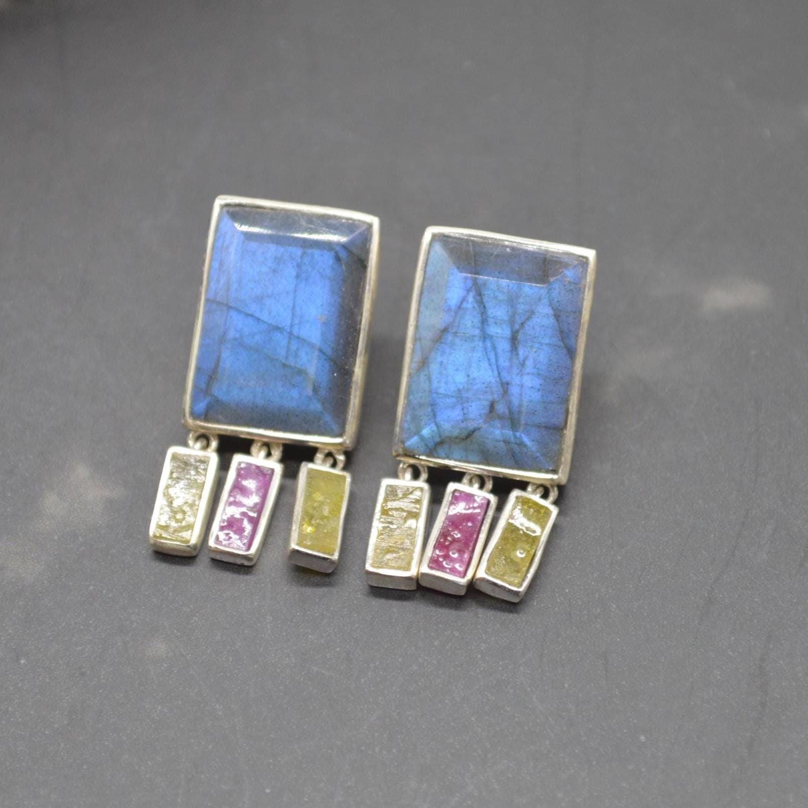 Labradorite Raw Tourmaline Earrings: Handmade Sterling Silver Gemstone Jewelry
