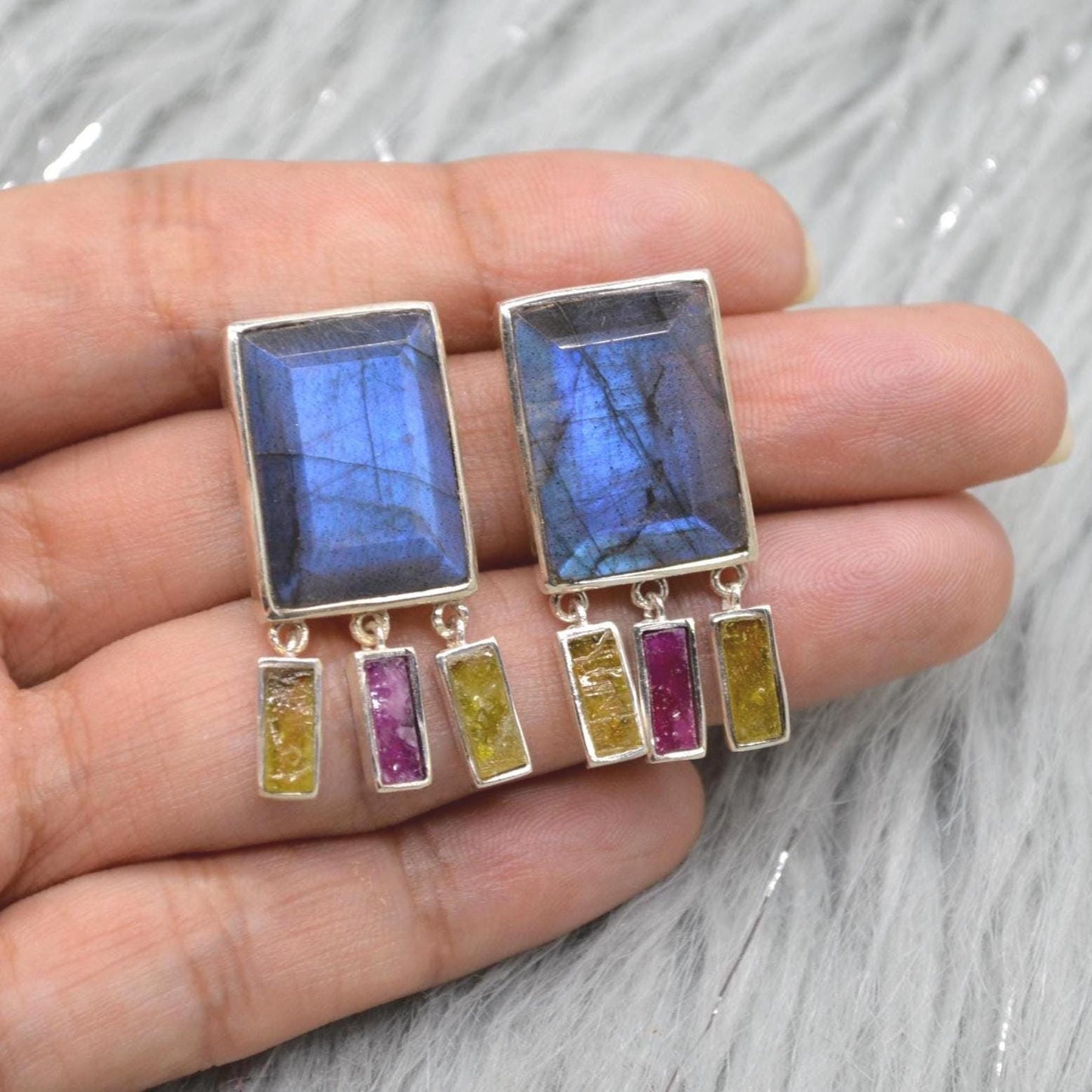 Labradorite Raw Tourmaline Earrings: Handmade Sterling Silver Gemstone Jewelry