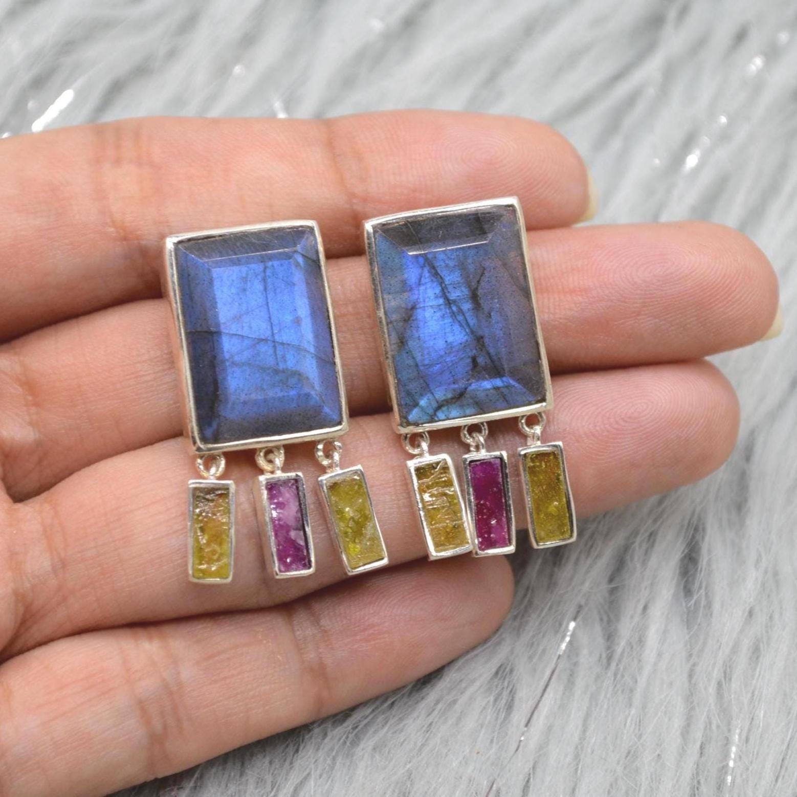 Labradorite Raw Tourmaline Earrings: Handmade Sterling Silver Gemstone Jewelry