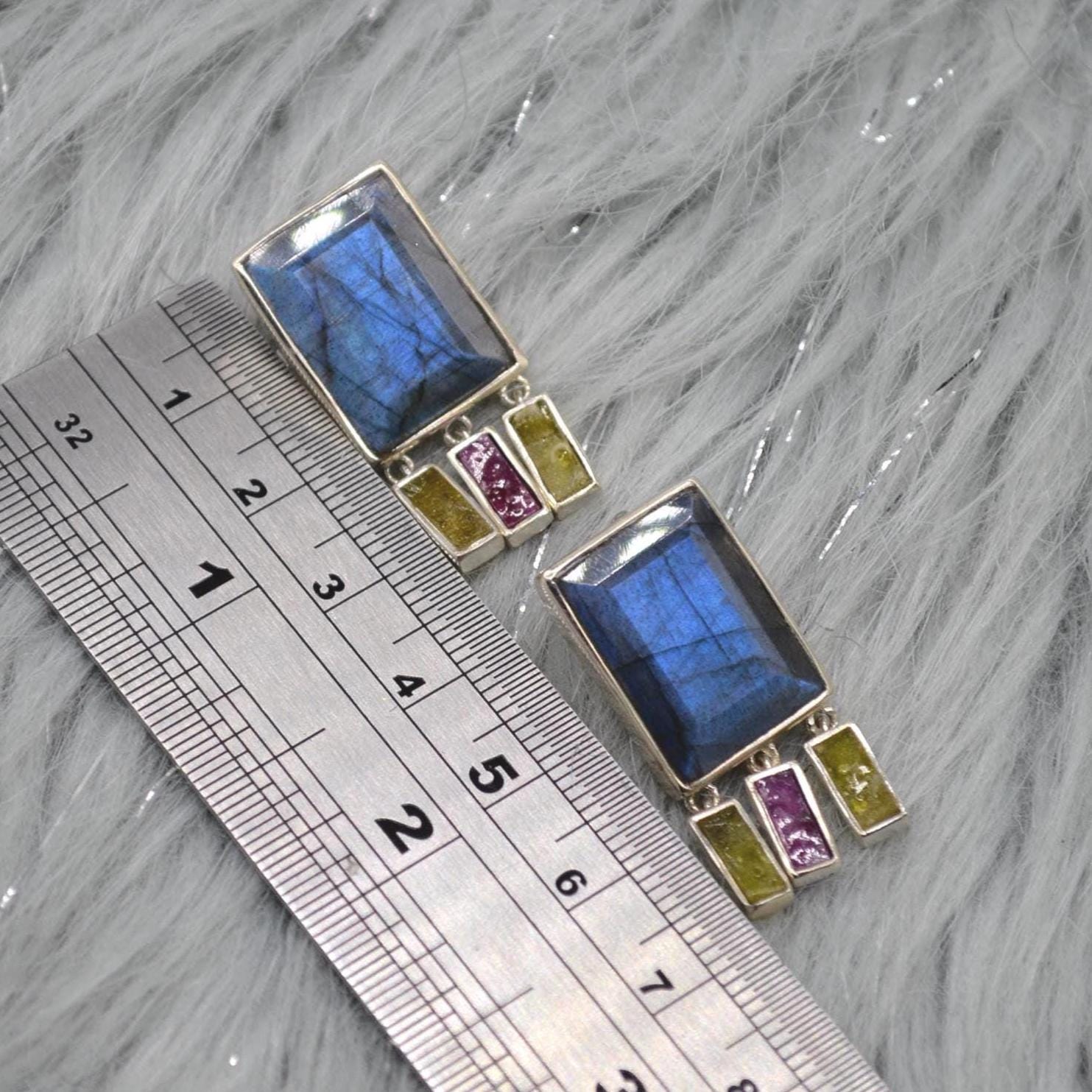 Labradorite Raw Tourmaline Earrings: Handmade Sterling Silver Gemstone Jewelry