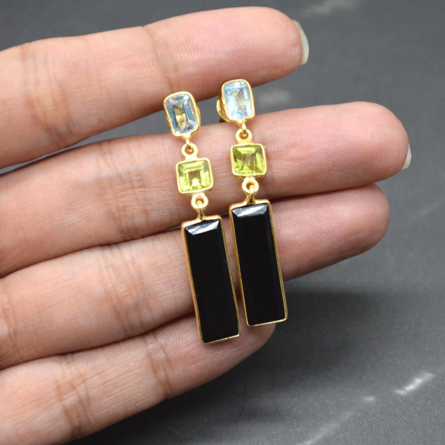 Black Onyx Peridot Blue Topaz Earrings: Sterling Silver Birthstone Gemstone Drops