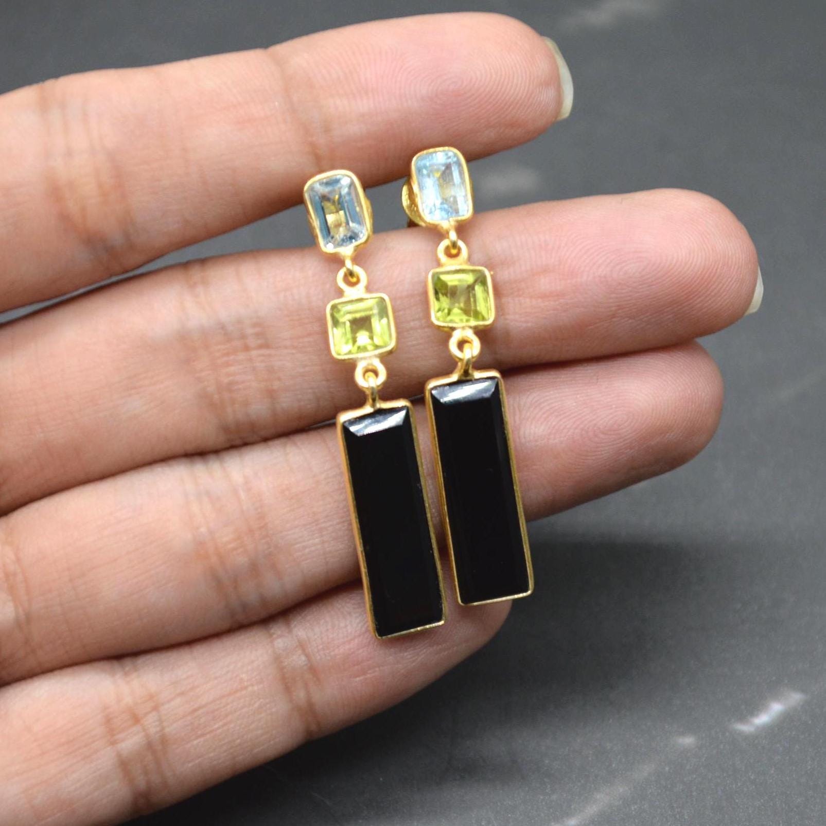 Black Onyx Peridot Blue Topaz Earrings: Sterling Silver Birthstone Gemstone Drops
