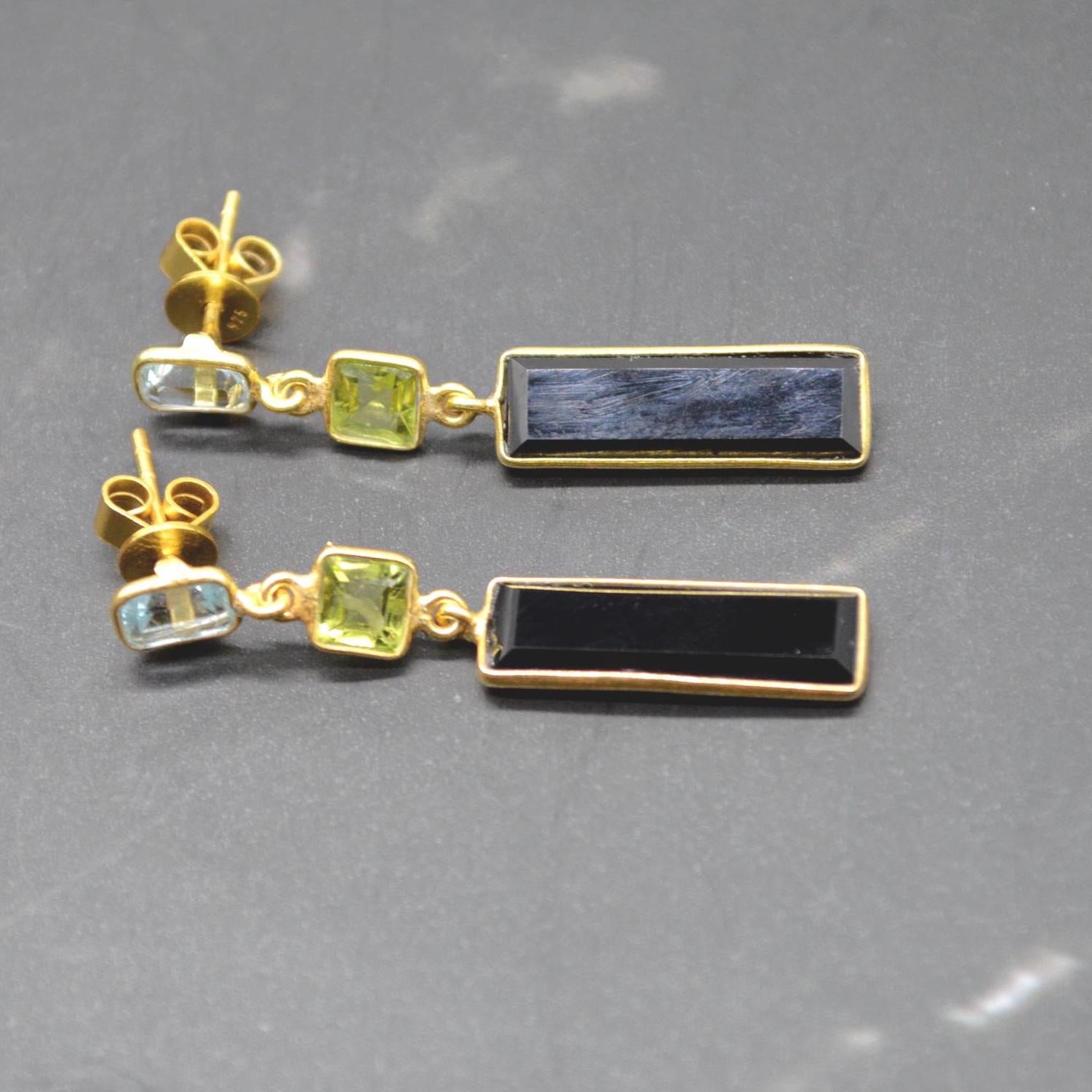 Black Onyx Peridot Blue Topaz Earrings: Sterling Silver Birthstone Gemstone Drops