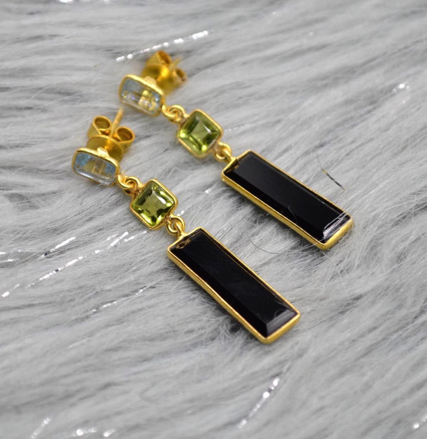Black Onyx Peridot Blue Topaz Earrings: Sterling Silver Birthstone Gemstone Drops