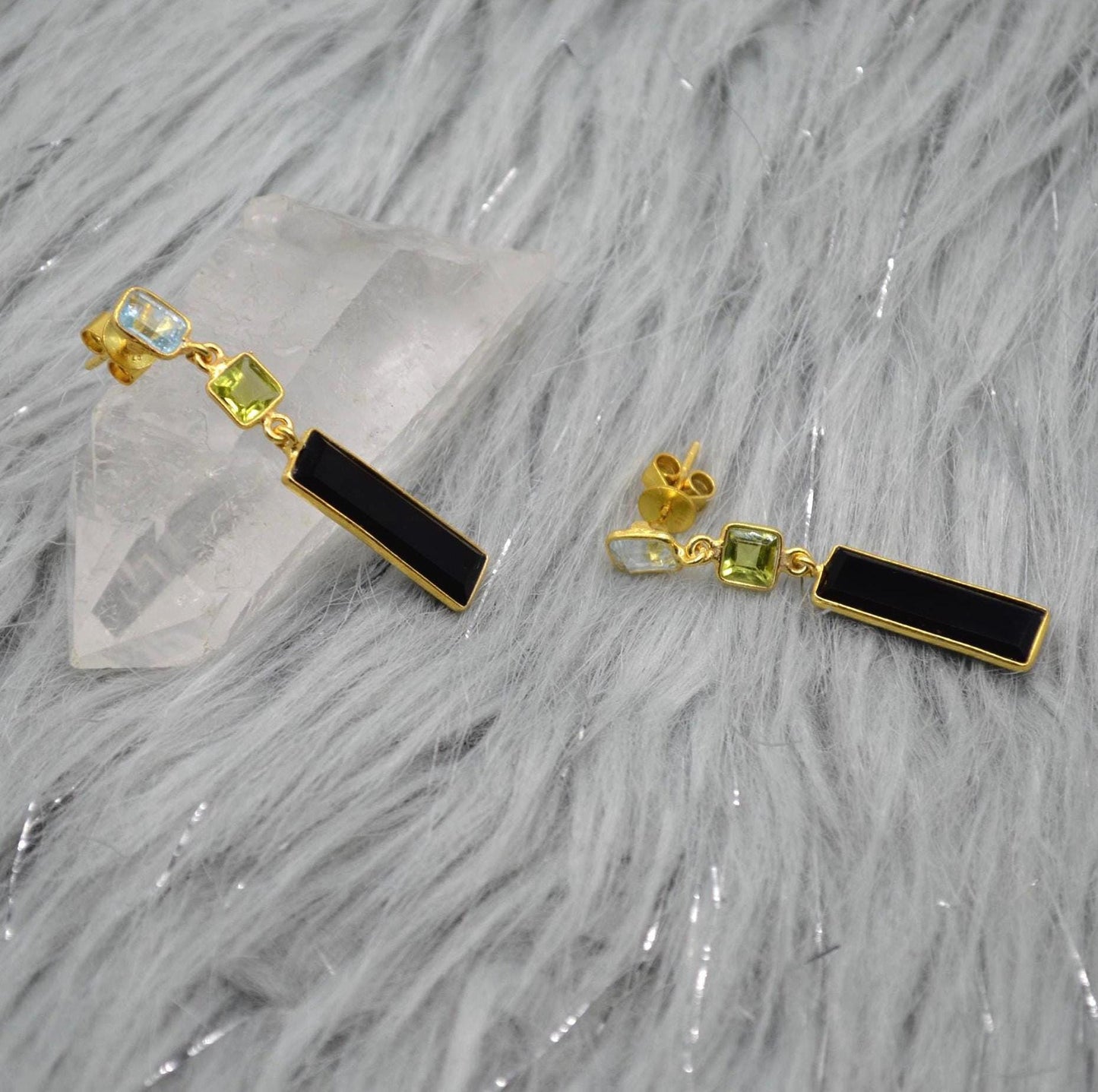 Black Onyx Peridot Blue Topaz Earrings: Sterling Silver Birthstone Gemstone Drops