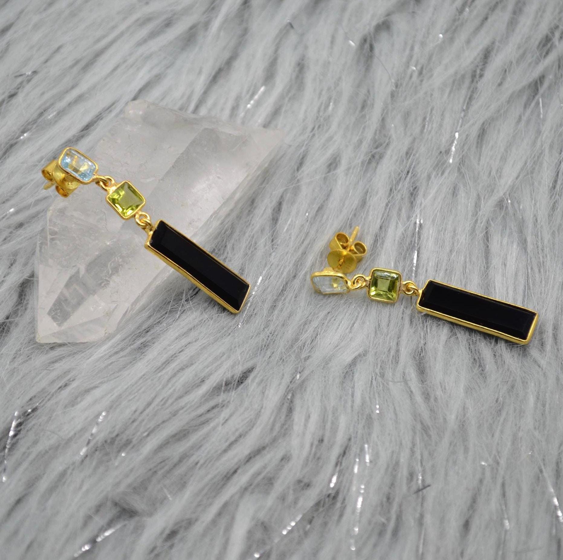 Black Onyx Peridot Blue Topaz Earrings: Sterling Silver Birthstone Gemstone Drops