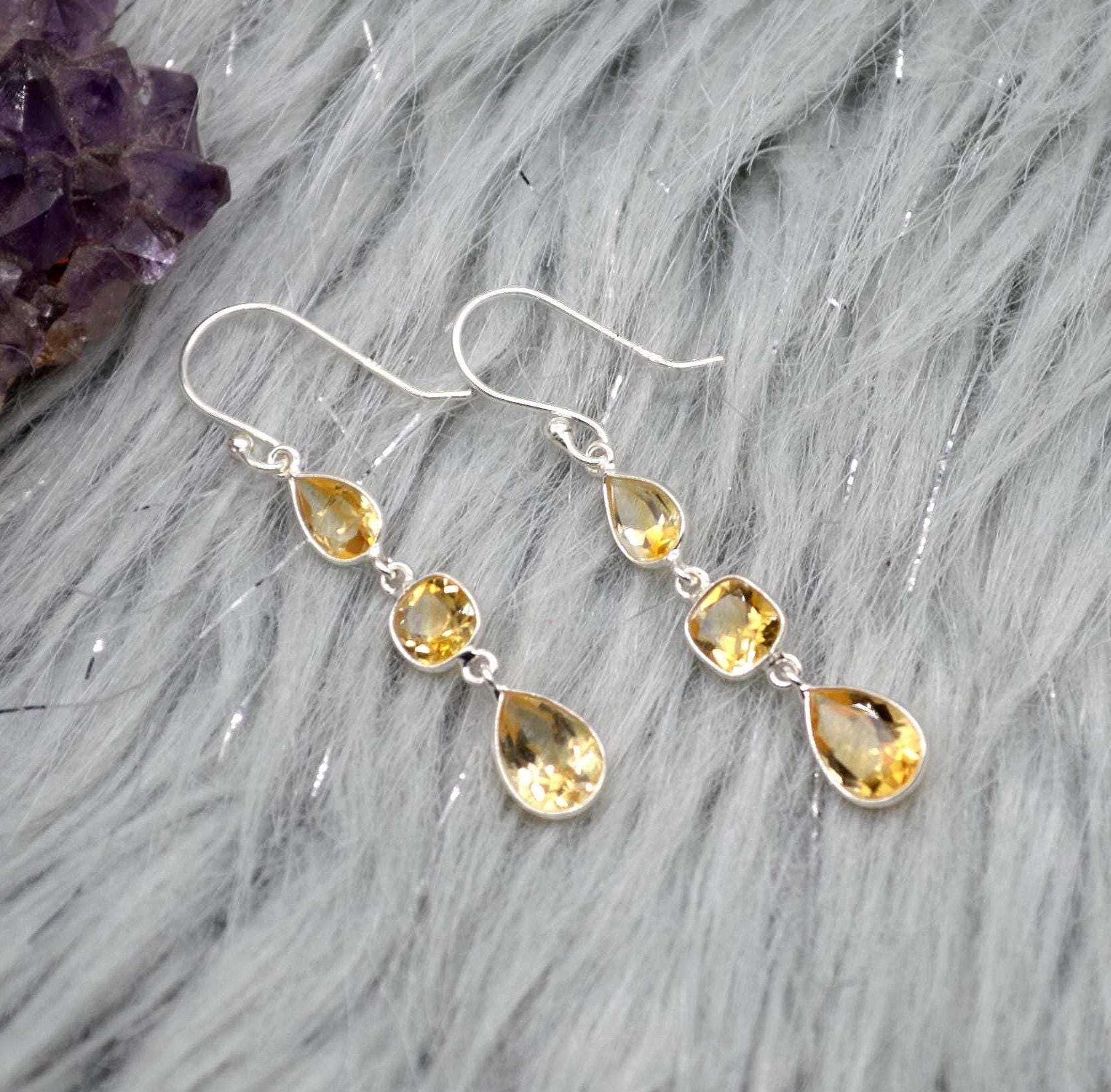 Citrine Teardrop Dangle Earrings: Sterling Silver November Birthstone