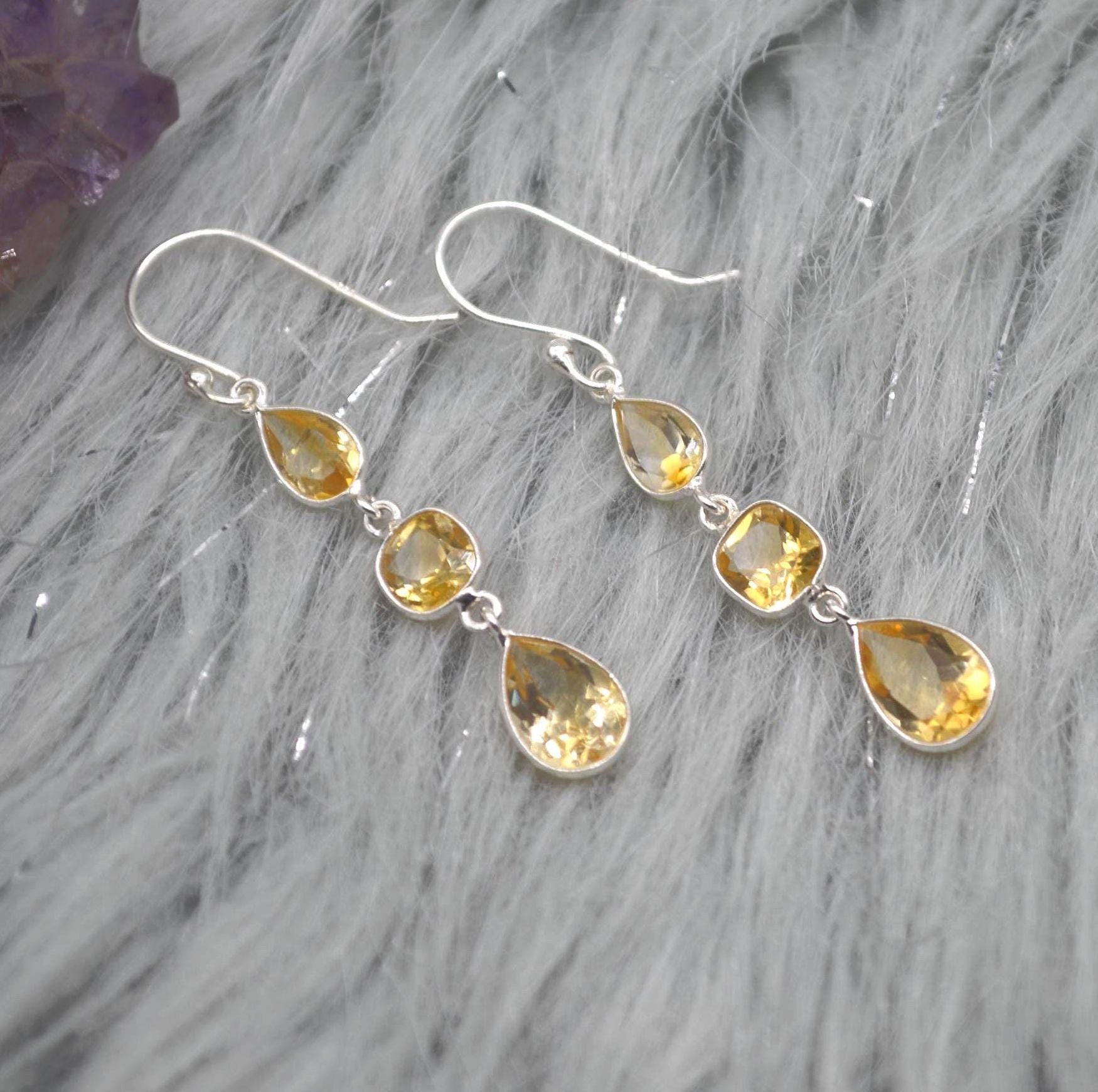 Citrine Teardrop Dangle Earrings: Sterling Silver November Birthstone
