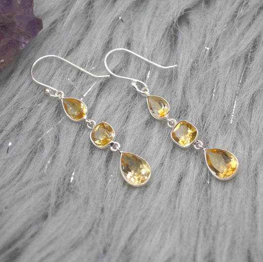Citrine Teardrop Dangle Earrings: Sterling Silver November Birthstone