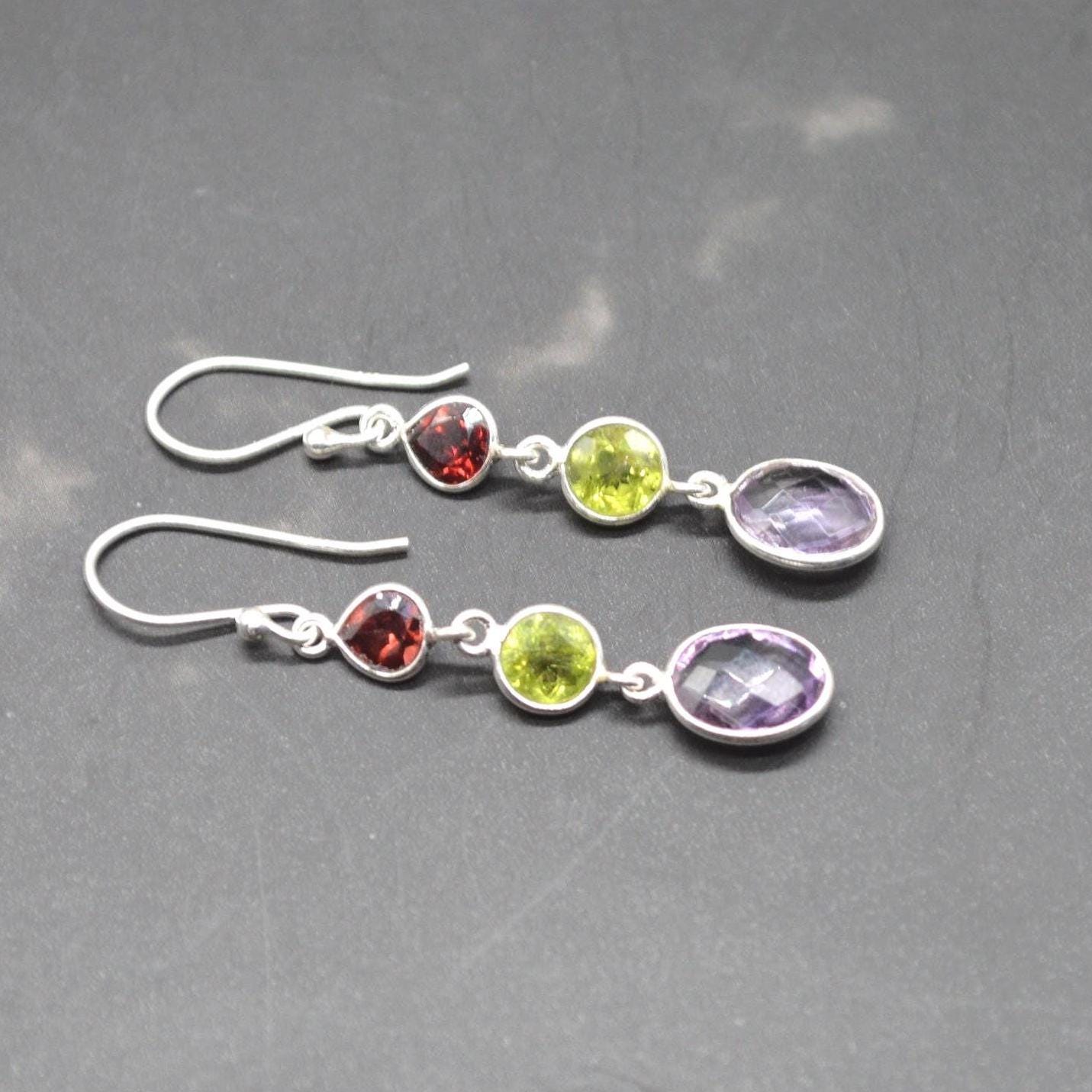 Garnet Peridot Amethyst Earrings: Sterling Silver Dangle Drop Birthstone Jewelry