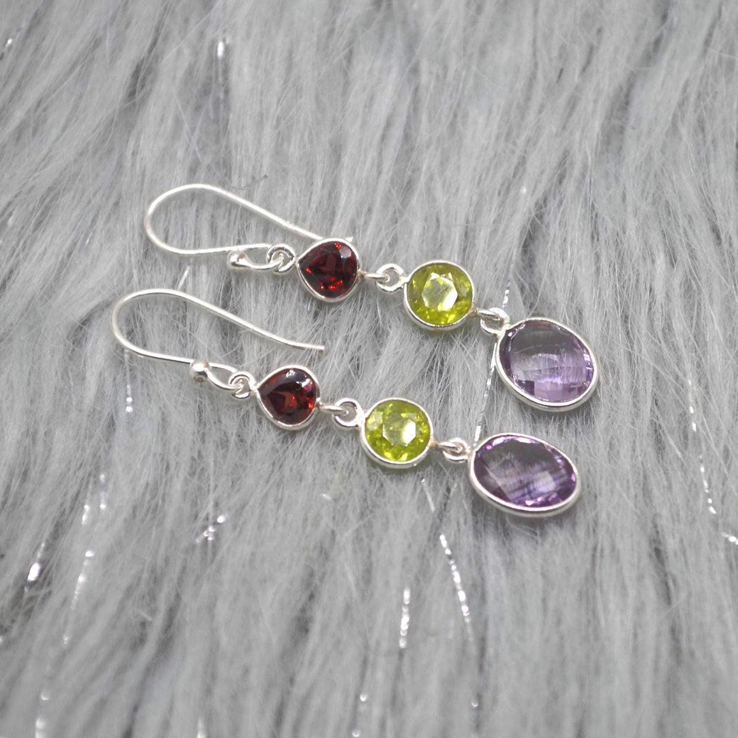 Garnet Peridot Amethyst Earrings: Sterling Silver Dangle Drop Birthstone Jewelry
