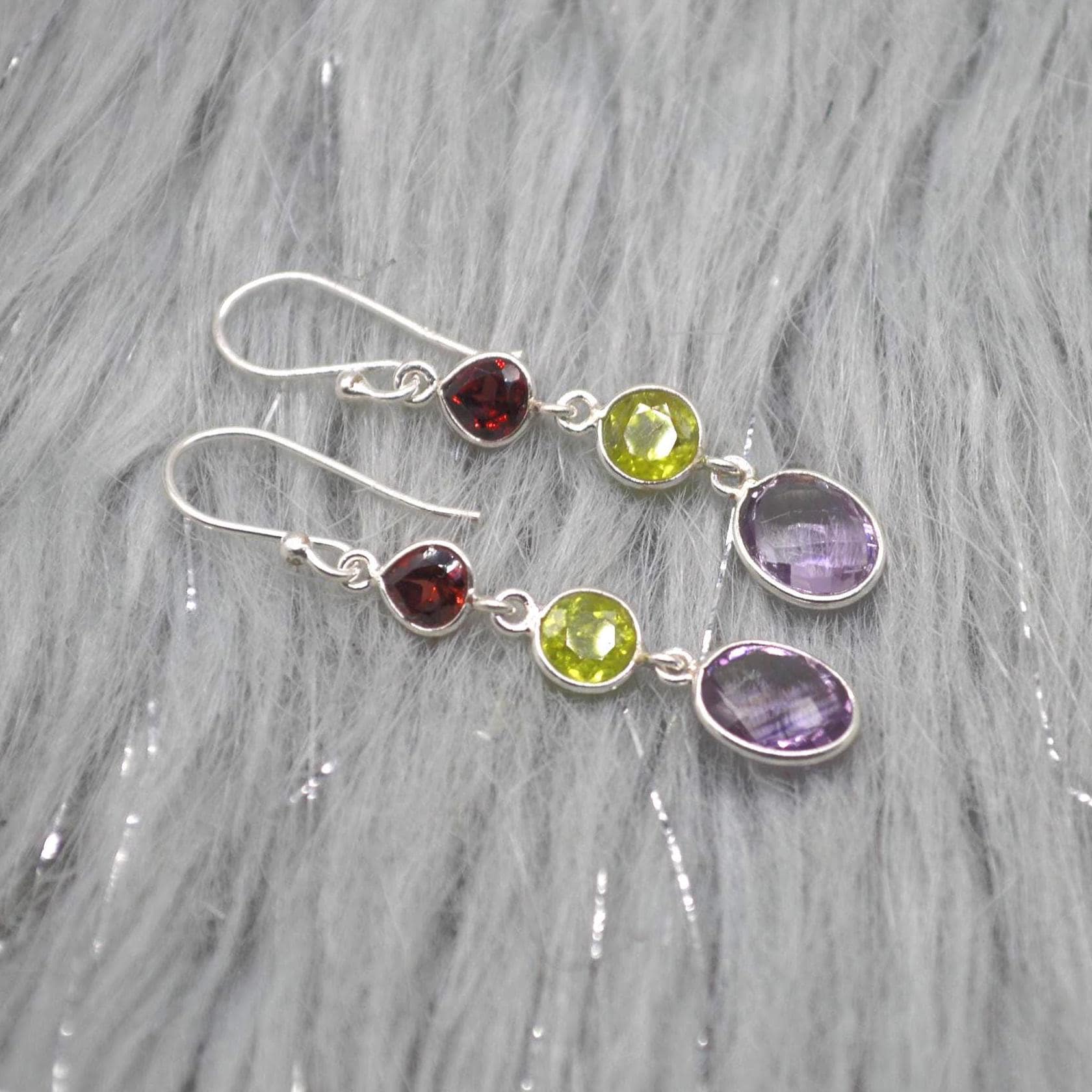 Garnet Peridot Amethyst Earrings: Sterling Silver Dangle Drop Birthstone Jewelry