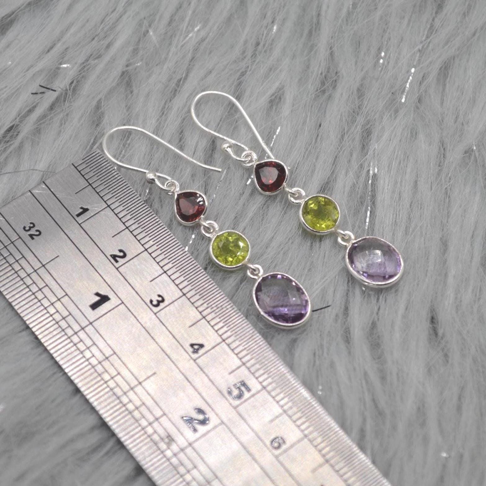 Garnet Peridot Amethyst Earrings: Sterling Silver Dangle Drop Birthstone Jewelry