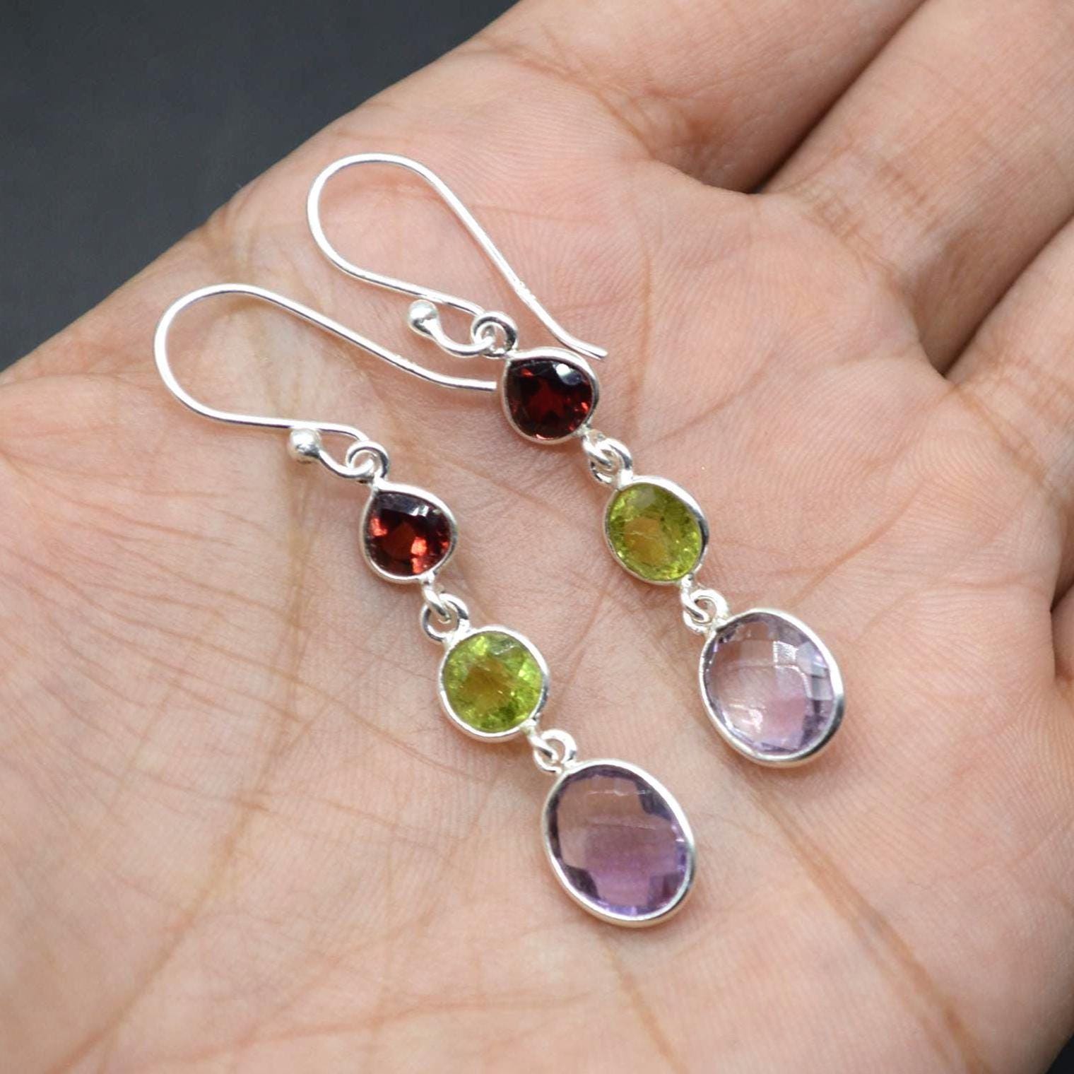 Garnet Peridot Amethyst Earrings: Sterling Silver Dangle Drop Birthstone Jewelry