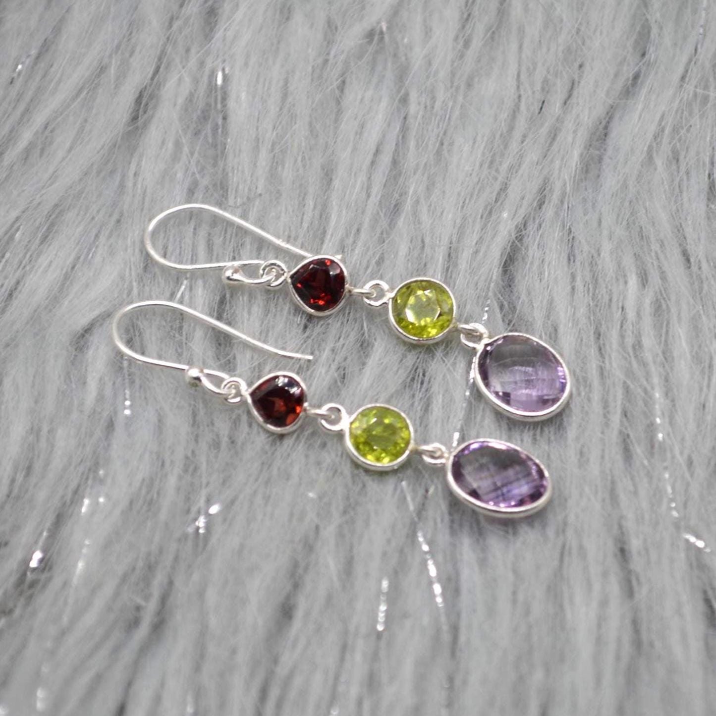 Garnet Peridot Amethyst Earrings: Sterling Silver Dangle Drop Birthstone Jewelry