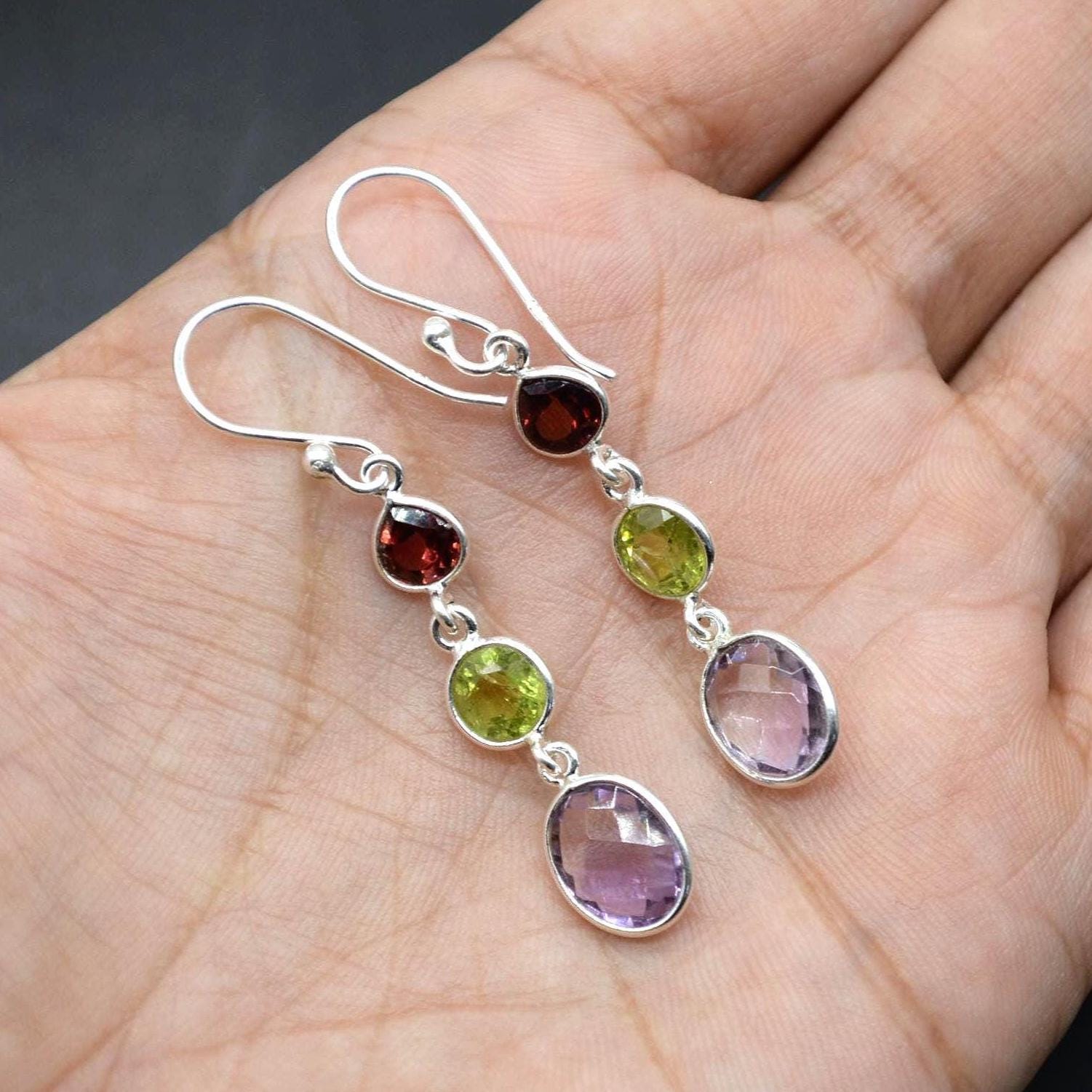 Garnet Peridot Amethyst Earrings: Sterling Silver Dangle Drop Birthstone Jewelry