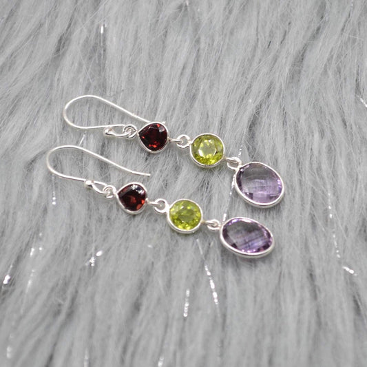 Garnet Peridot Amethyst Earrings: Sterling Silver Dangle Drop Birthstone Jewelry